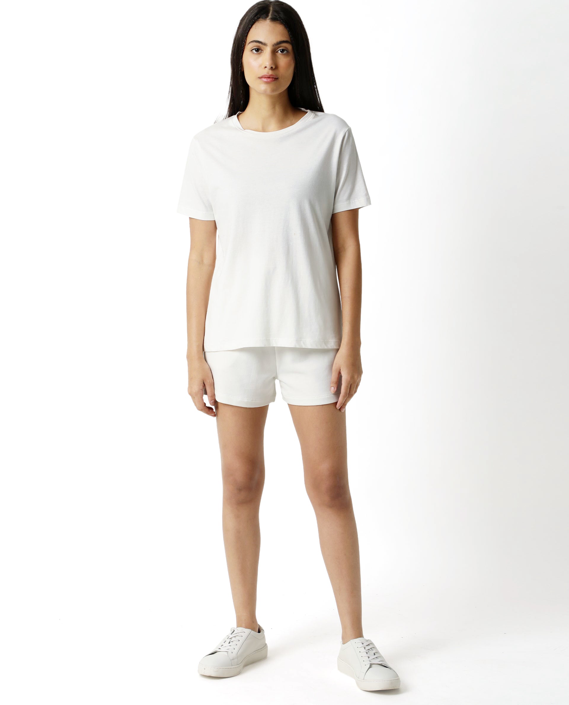 Rareism Women Alcas Off White Cotton Blend Fabric Regular Fit Half Sleeves Solid Round Neck T-Shirt