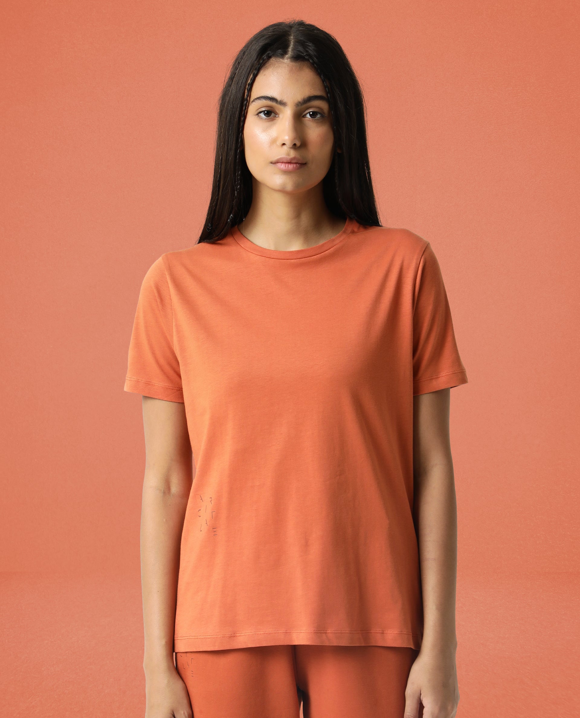 Rareism Women Alcas Orange Cotton Blend Fabric Regular Fit Half Sleeves Solid Round Neck T-Shirt