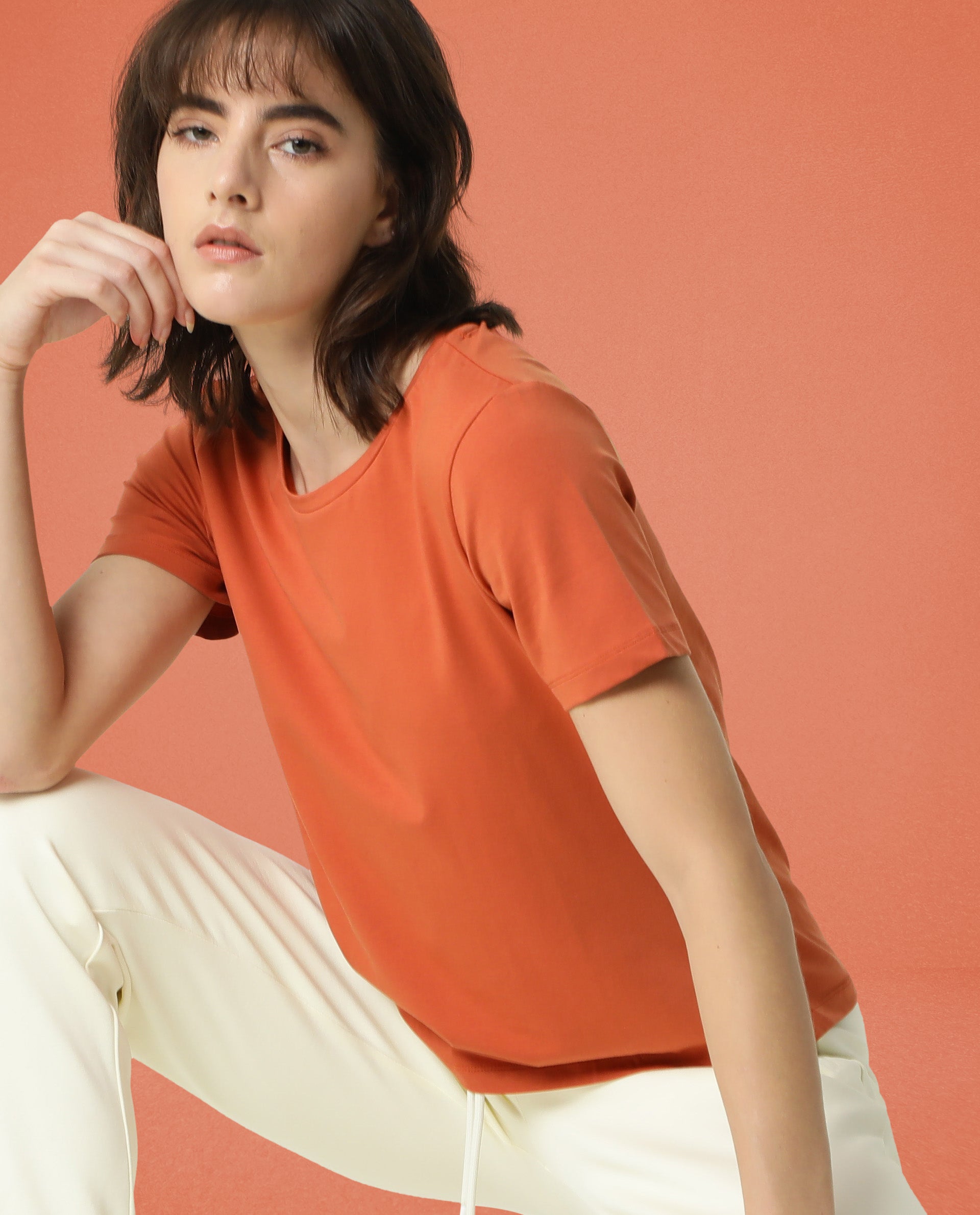 Rareism Women Alcas Orange Cotton Blend Fabric Regular Fit Half Sleeves Solid Round Neck T-Shirt