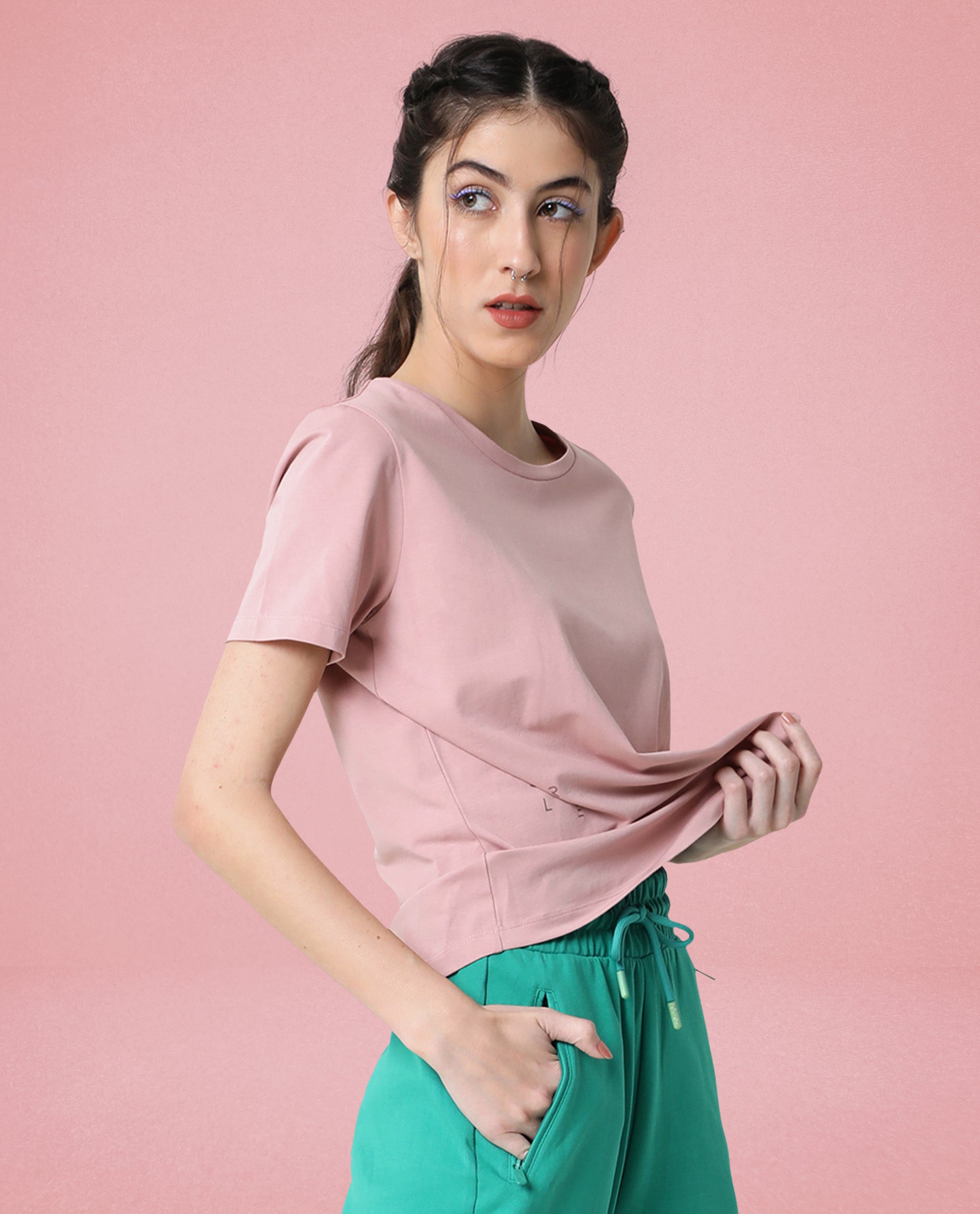 Rareism Women Alcas Dusky Pink Cotton Blend Fabric Regular Fit Half Sleeves Solid Round Neck T-Shirt