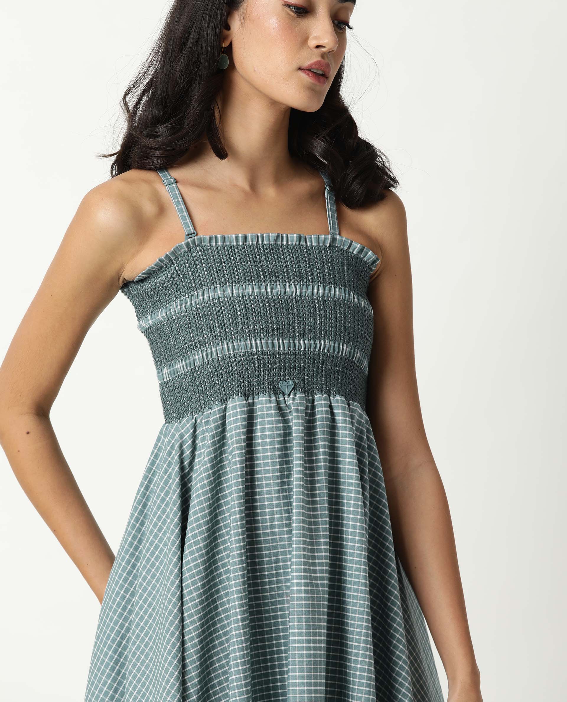 Rareism Womens Ald Green Dress Cotton Linen Fabric Regular Fit Sleeveless Square Neck