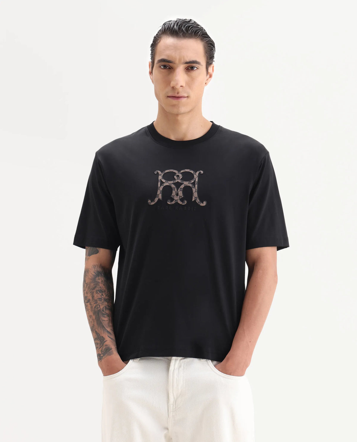 Rare Rabbit Men's Alec Black Cotton Fabric Short Sleeve Crew Neck Graphic Print T-Shirt