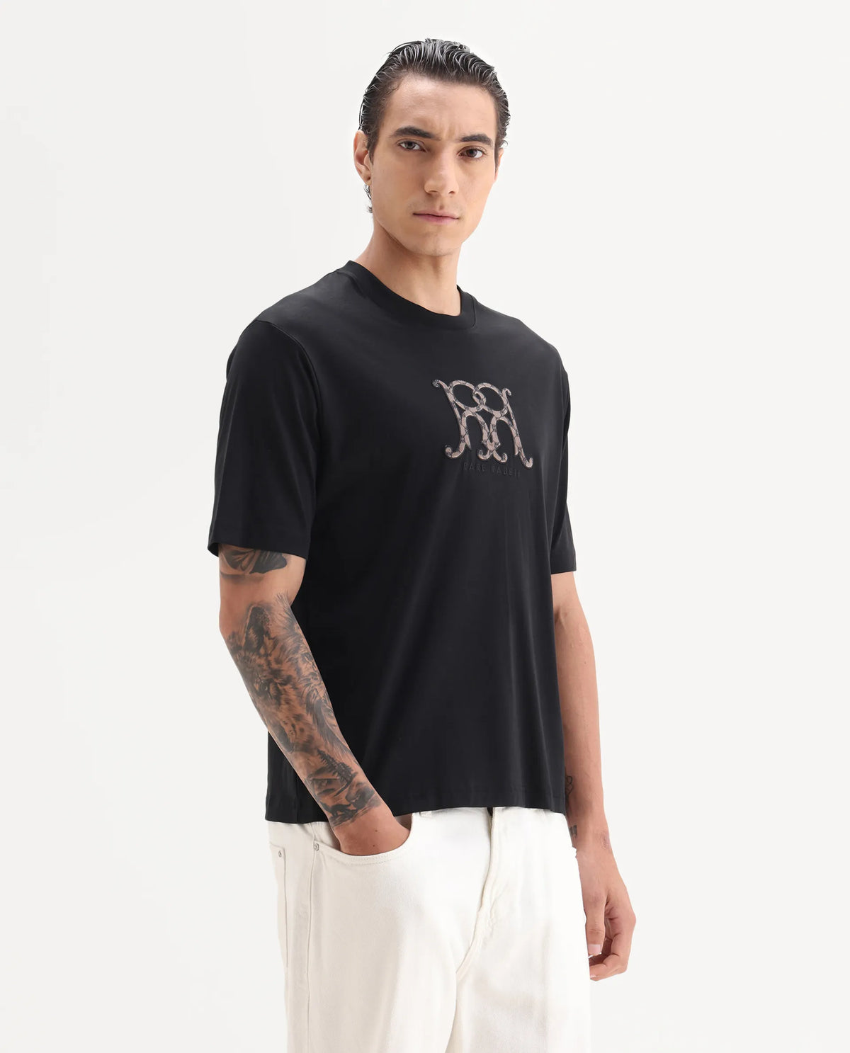 Rare Rabbit Men's Alec Black Cotton Fabric Short Sleeve Crew Neck Graphic Print T-Shirt