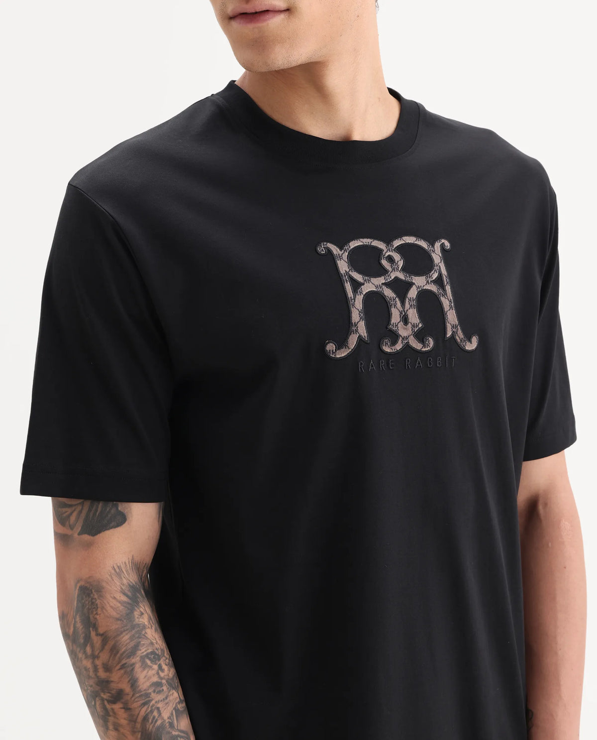 Rare Rabbit Men's Alec Black Cotton Fabric Short Sleeve Crew Neck Graphic Print T-Shirt