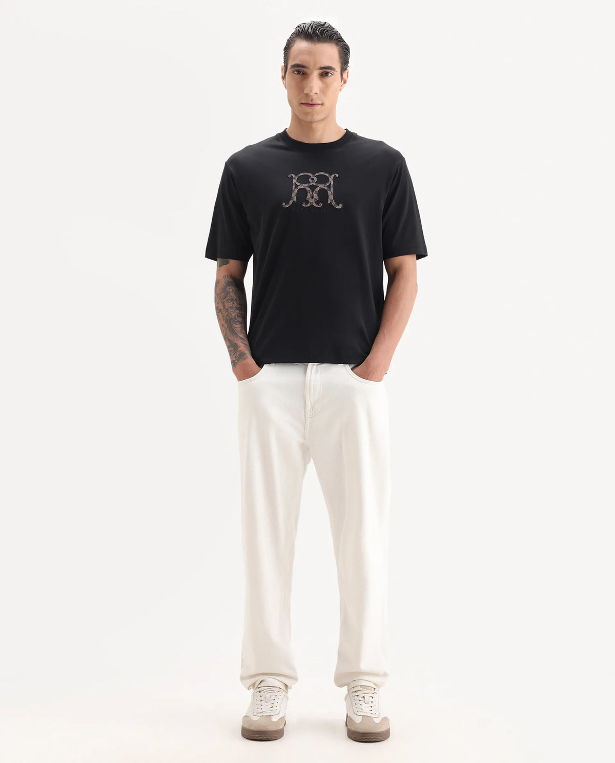 Rare Rabbit Men's Alec Black Cotton Fabric Short Sleeve Crew Neck Graphic Print T-Shirt