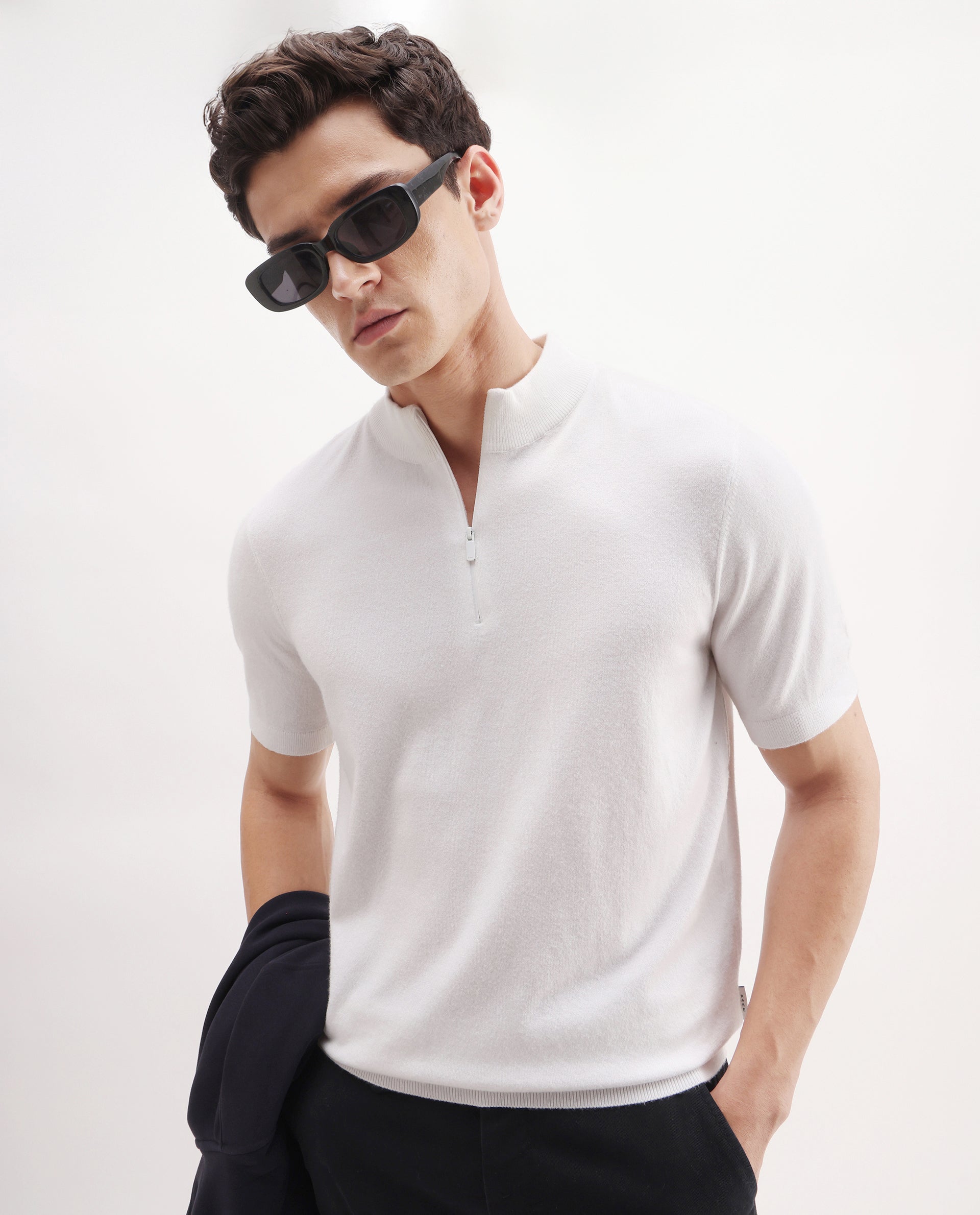 Rare Rabbit Men's Alfeto-25 Off White Viscose Plain Regular Fit Half Sleeve High Neck T-Shirt