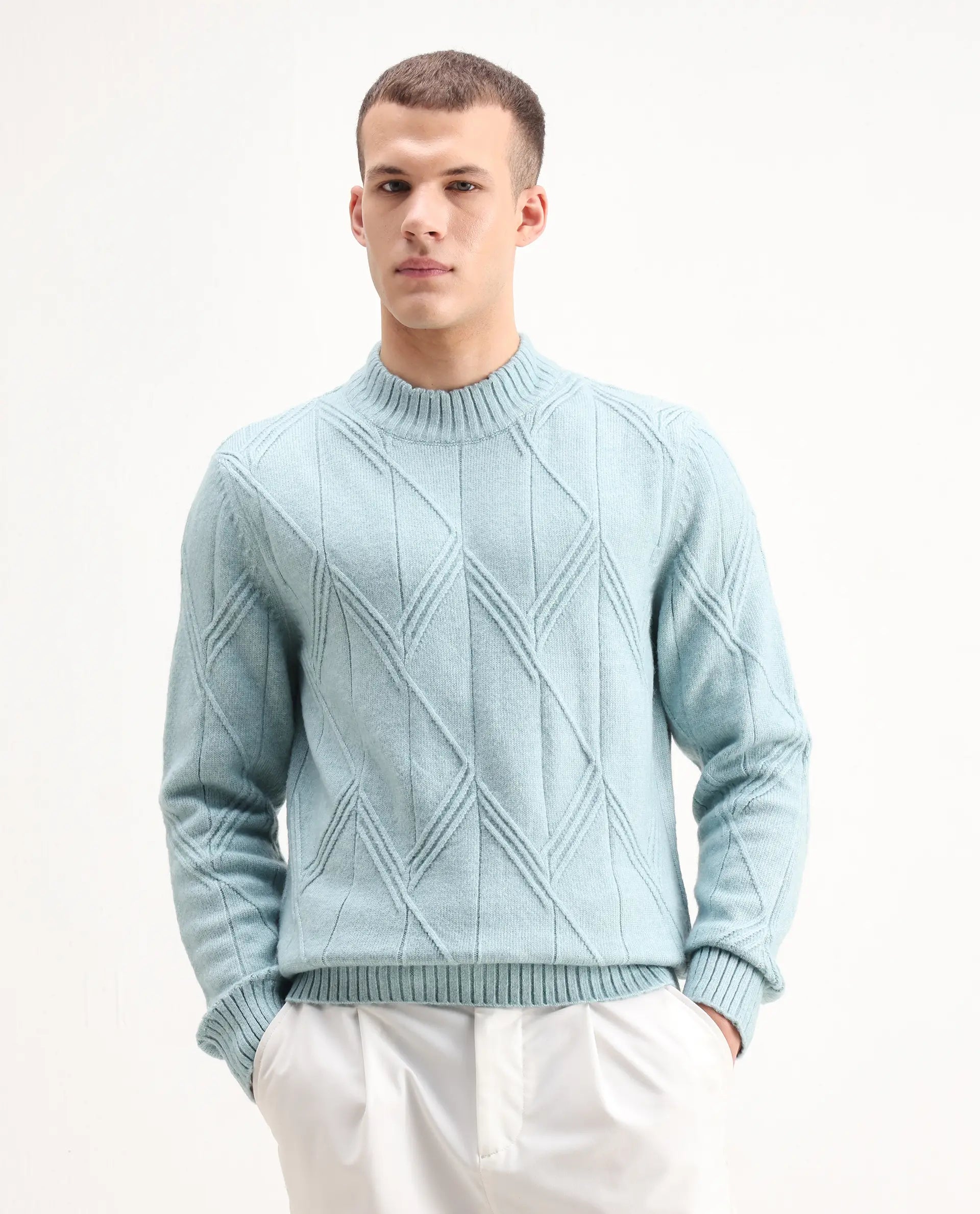 Rare Rabbit Men's Alli Pastel Blue Polyester Plain Regular Fit Full Sleeve High Neck Sweater