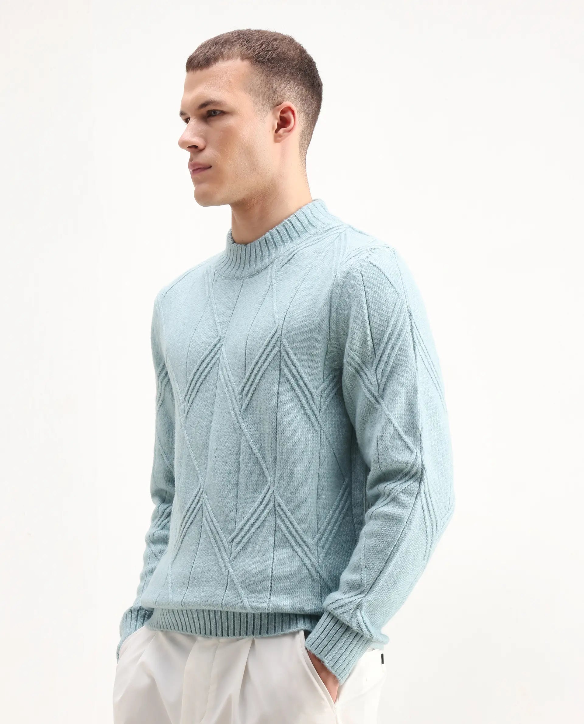 Rare Rabbit Men's Alli Pastel Blue Polyester Plain Regular Fit Full Sleeve High Neck Sweater