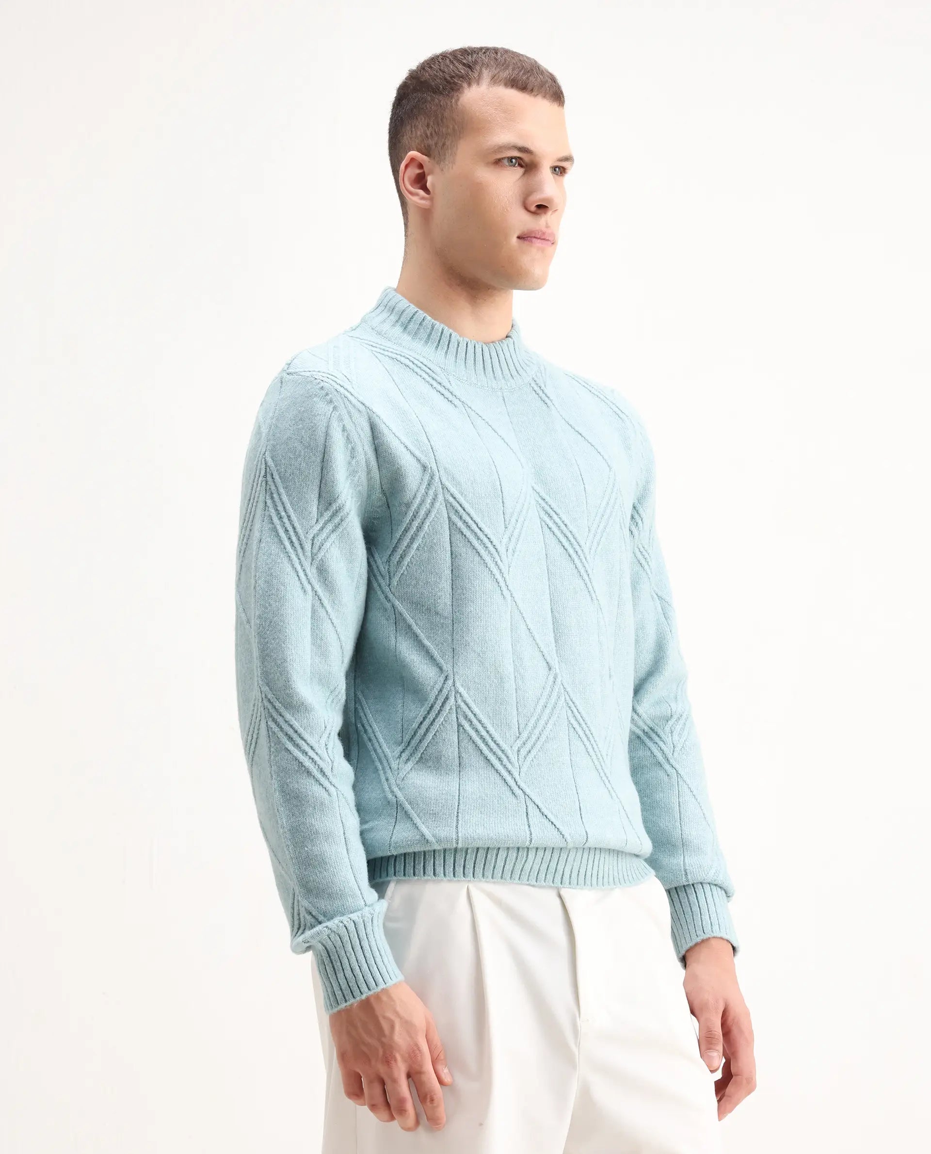 Rare Rabbit Men's Alli Pastel Blue Polyester Plain Regular Fit Full Sleeve High Neck Sweater