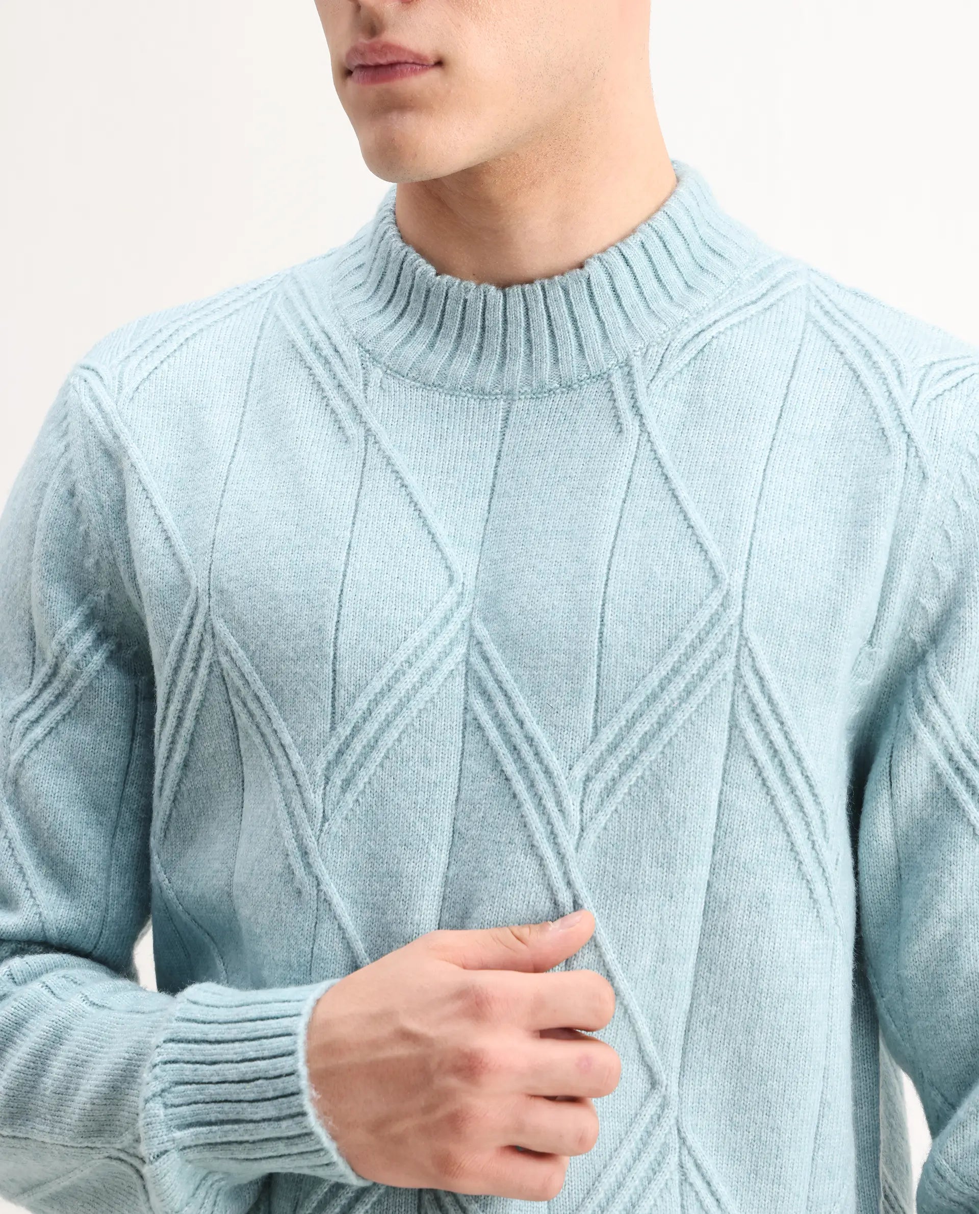 Rare Rabbit Men's Alli Pastel Blue Polyester Plain Regular Fit Full Sleeve High Neck Sweater