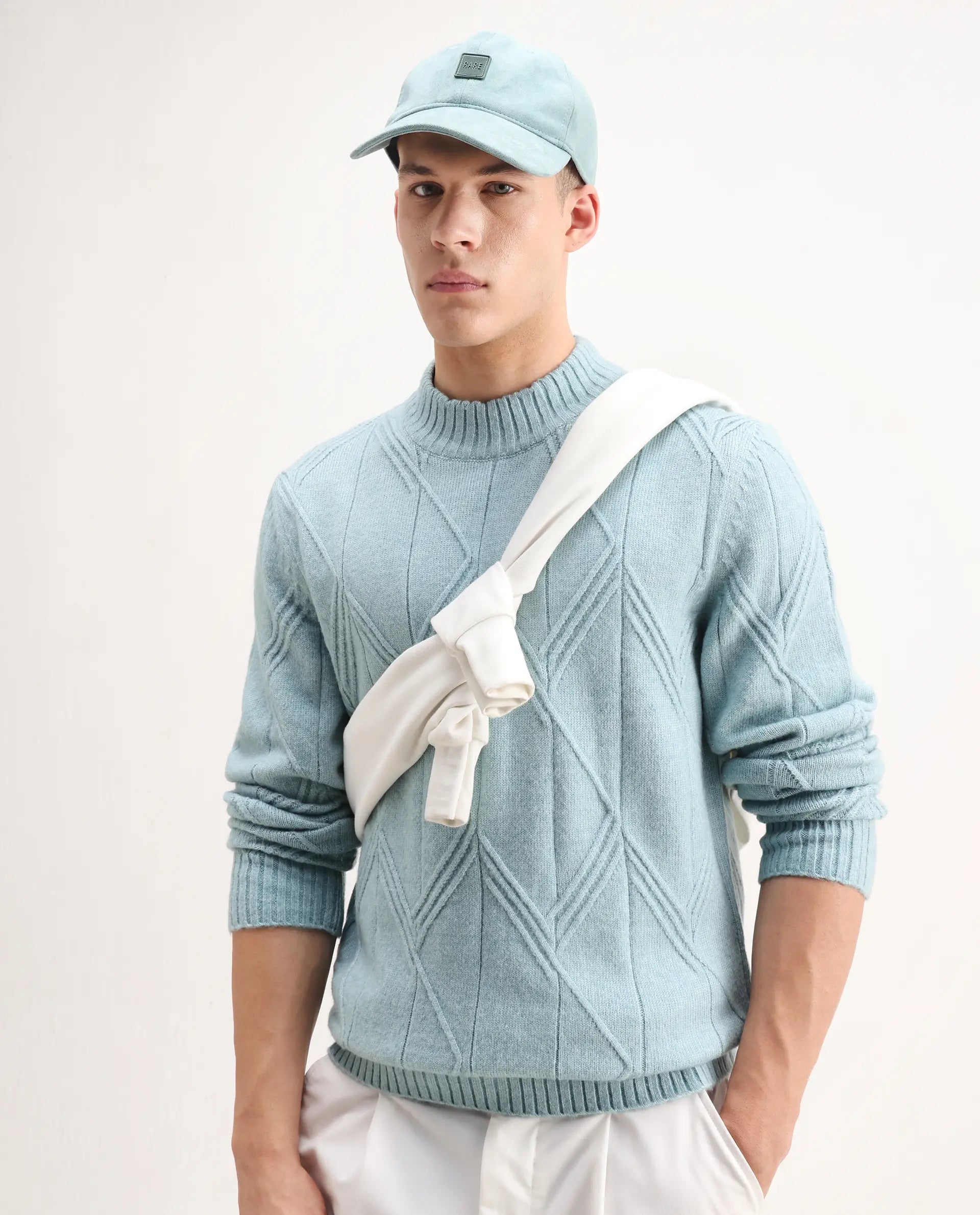 Rare Rabbit Men's Alli Pastel Blue Polyester Plain Regular Fit Full Sleeve High Neck Sweater