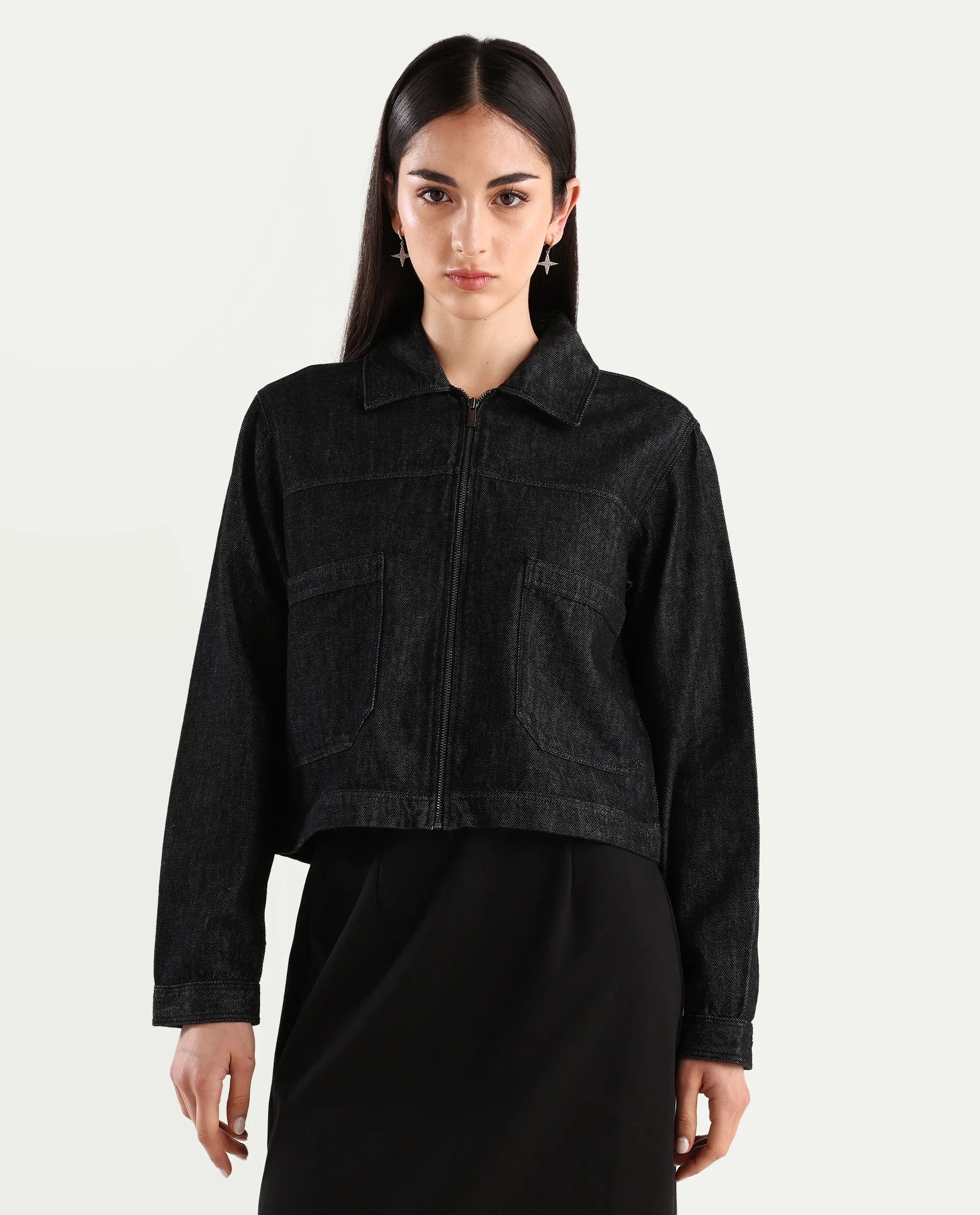 Rareism Women's Allin Black Cotton Drop Collar Plain Cuffed Sleeve Regular Fit Jacket