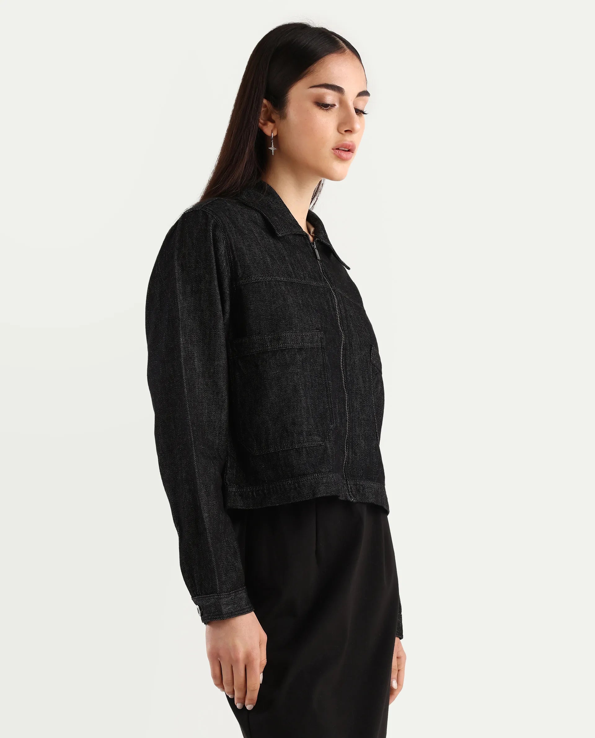 Rareism Women's Allin Black Cotton Drop Collar Plain Cuffed Sleeve Regular Fit Jacket