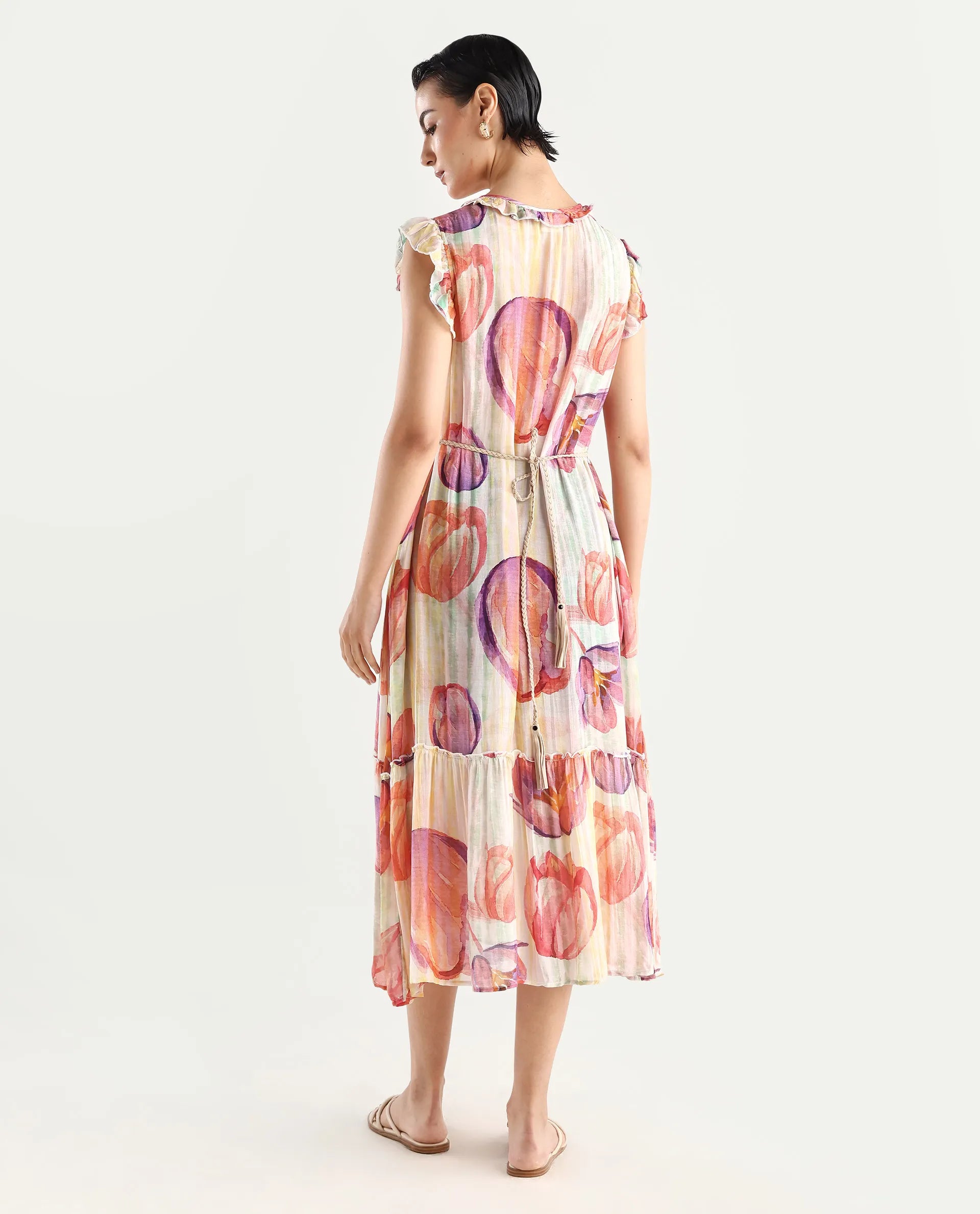 Rareism Women's Almora Light Multi Polyester Drop Collar Floral Print Ruffled Sleeve Midi A-Line Dress