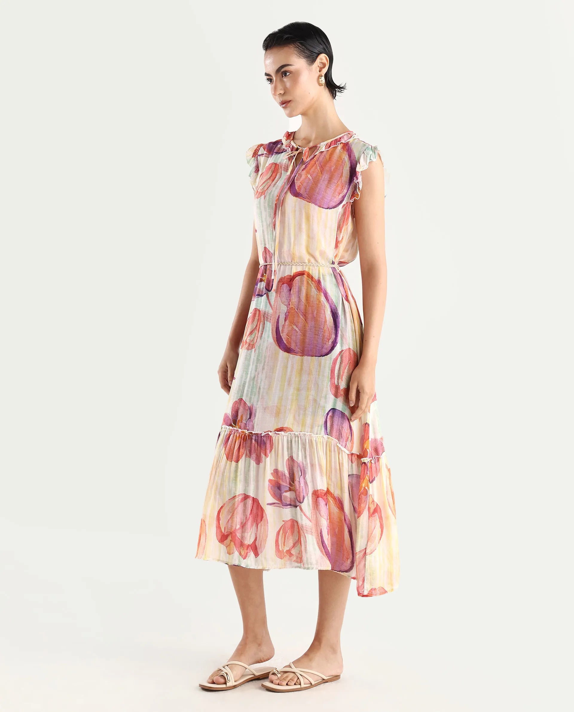 Rareism Women's Almora Light Multi Polyester Drop Collar Floral Print Ruffled Sleeve Midi A-Line Dress