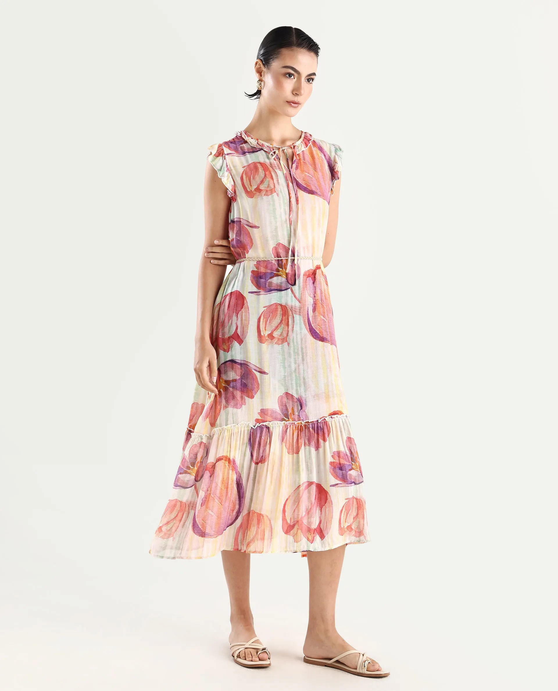 Rareism Women's Almora Light Multi Polyester Drop Collar Floral Print Ruffled Sleeve Midi A-Line Dress