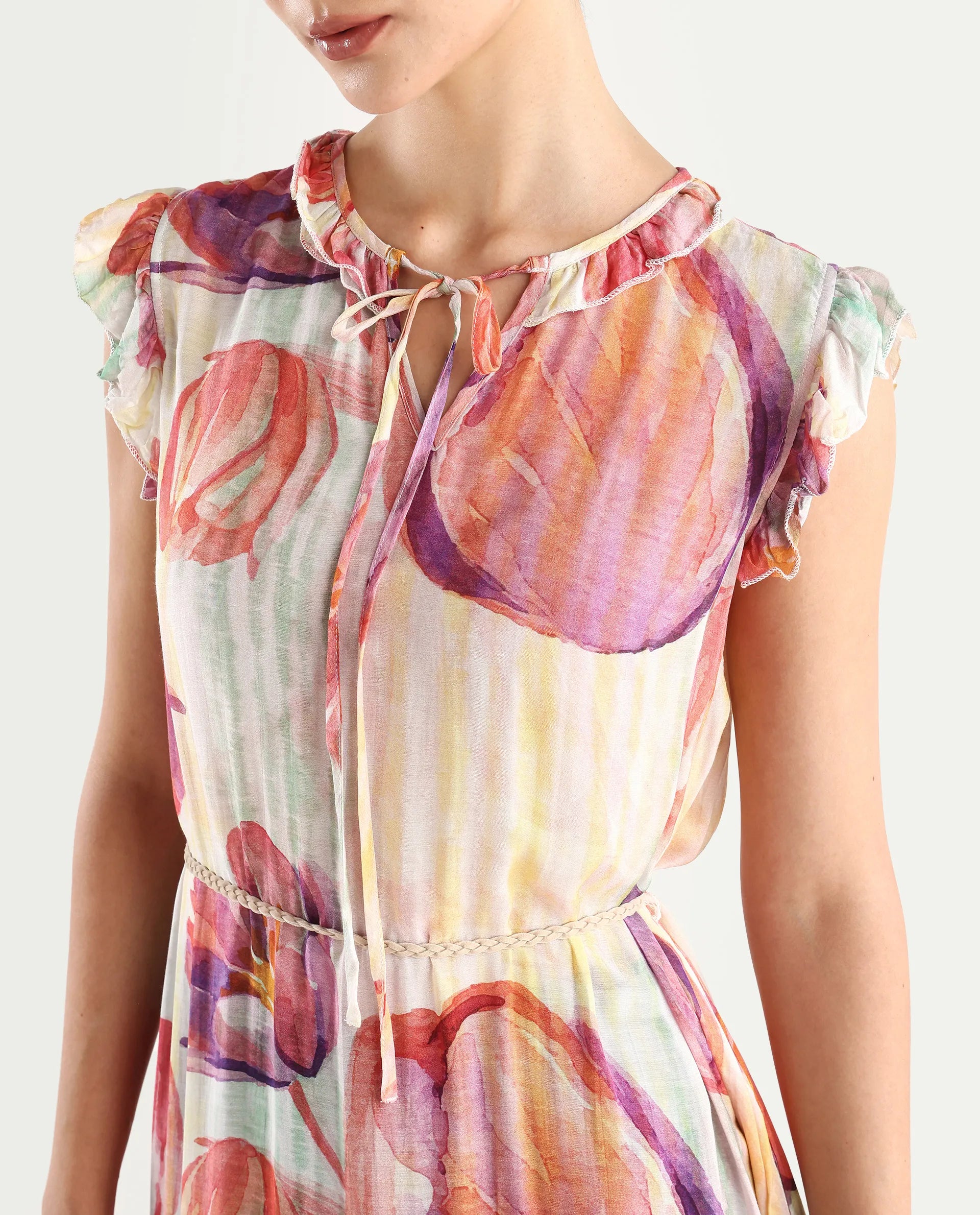 Rareism Women's Almora Light Multi Polyester Drop Collar Floral Print Ruffled Sleeve Midi A-Line Dress