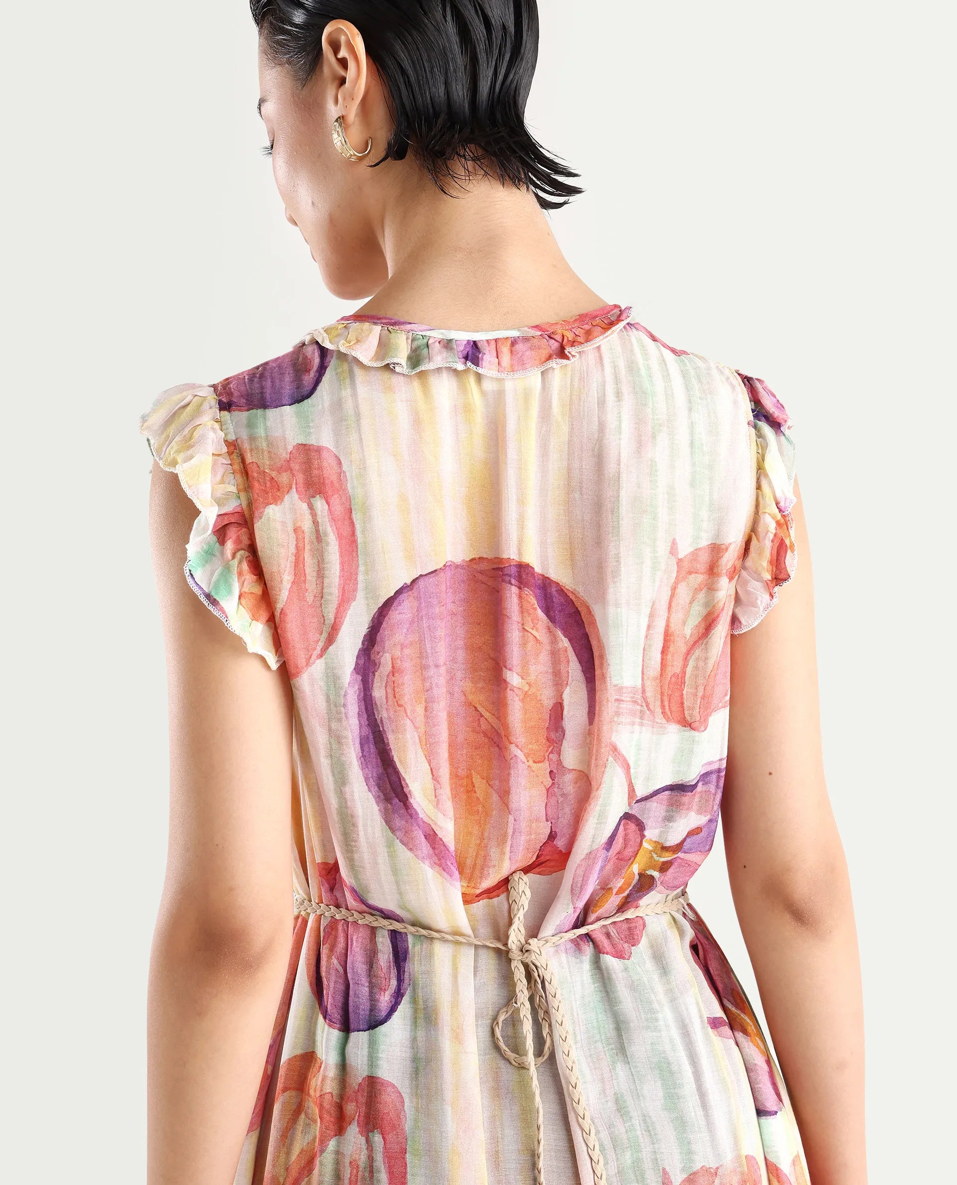 Rareism Women's Almora Light Multi Polyester Drop Collar Floral Print Ruffled Sleeve Midi A-Line Dress