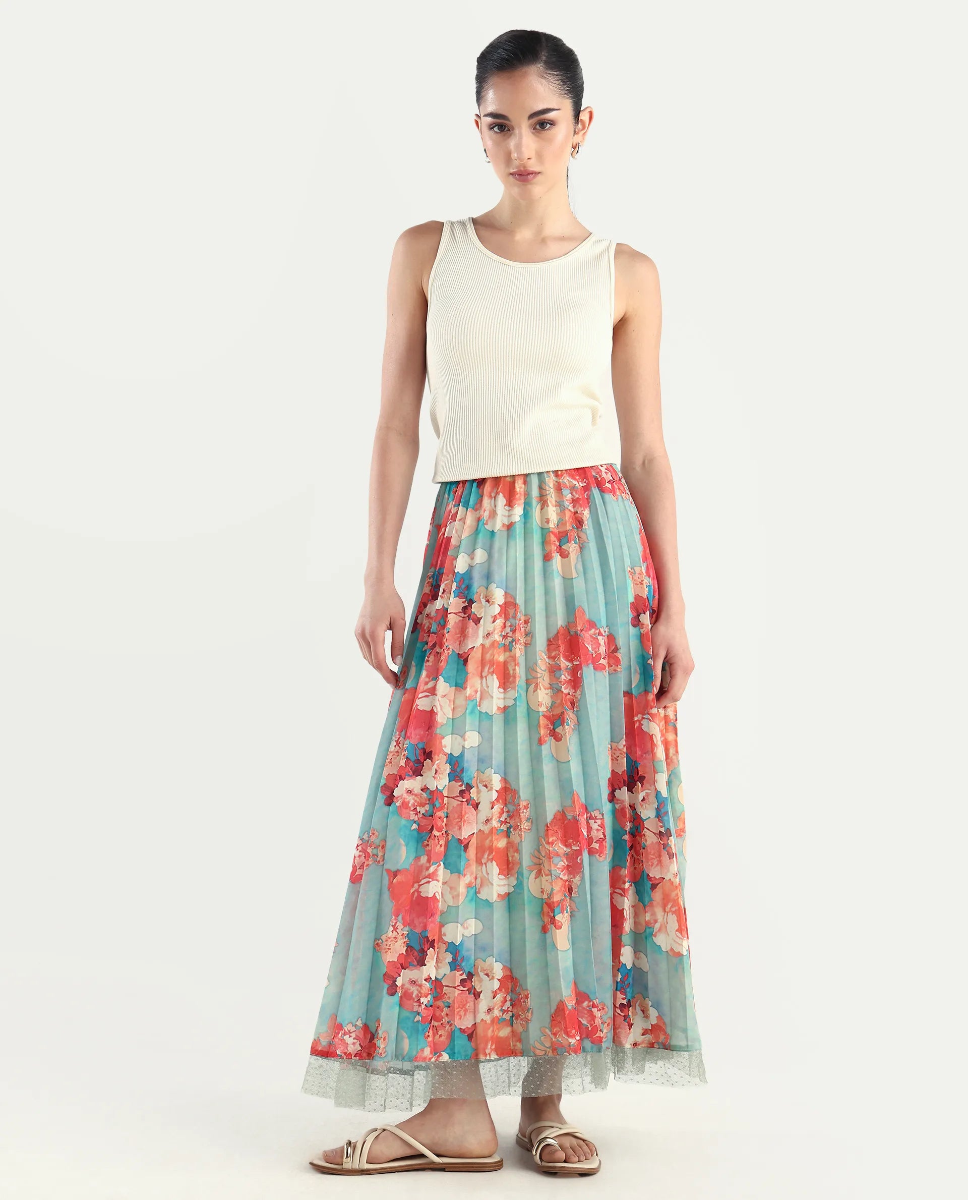 Rareism Women's Alvia Multi Polyester Floral Print Ankle Length Flared Skirt