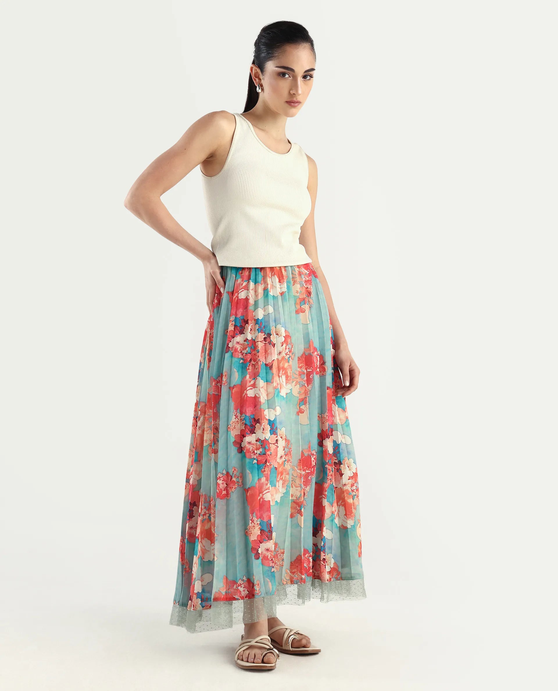 Rareism Women's Alvia Multi Polyester Floral Print Ankle Length Flared Skirt