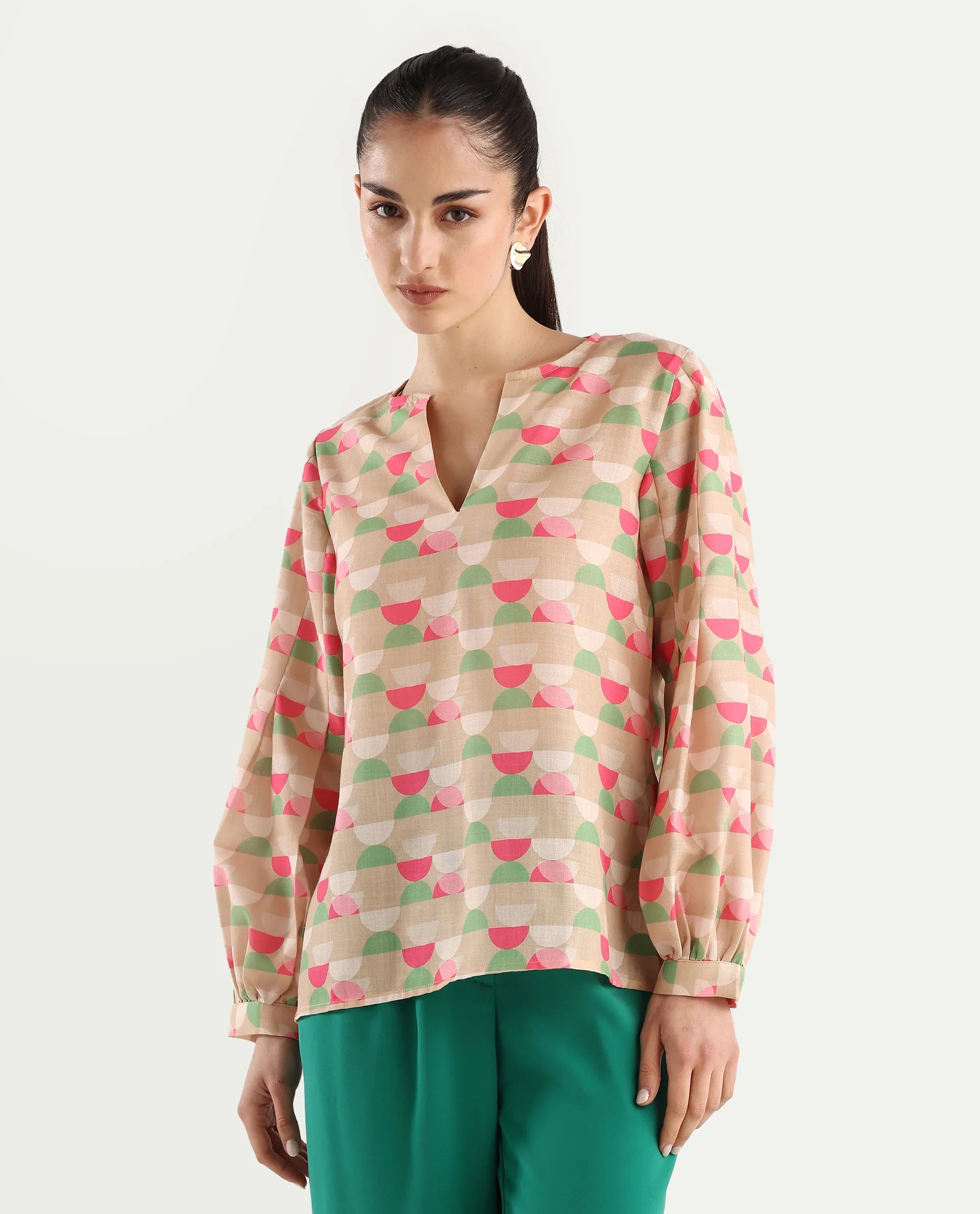 Rareism Women's Amaris Multi Linen V-Neck Geometric Print Bishop Sleeve Regular Fit Top