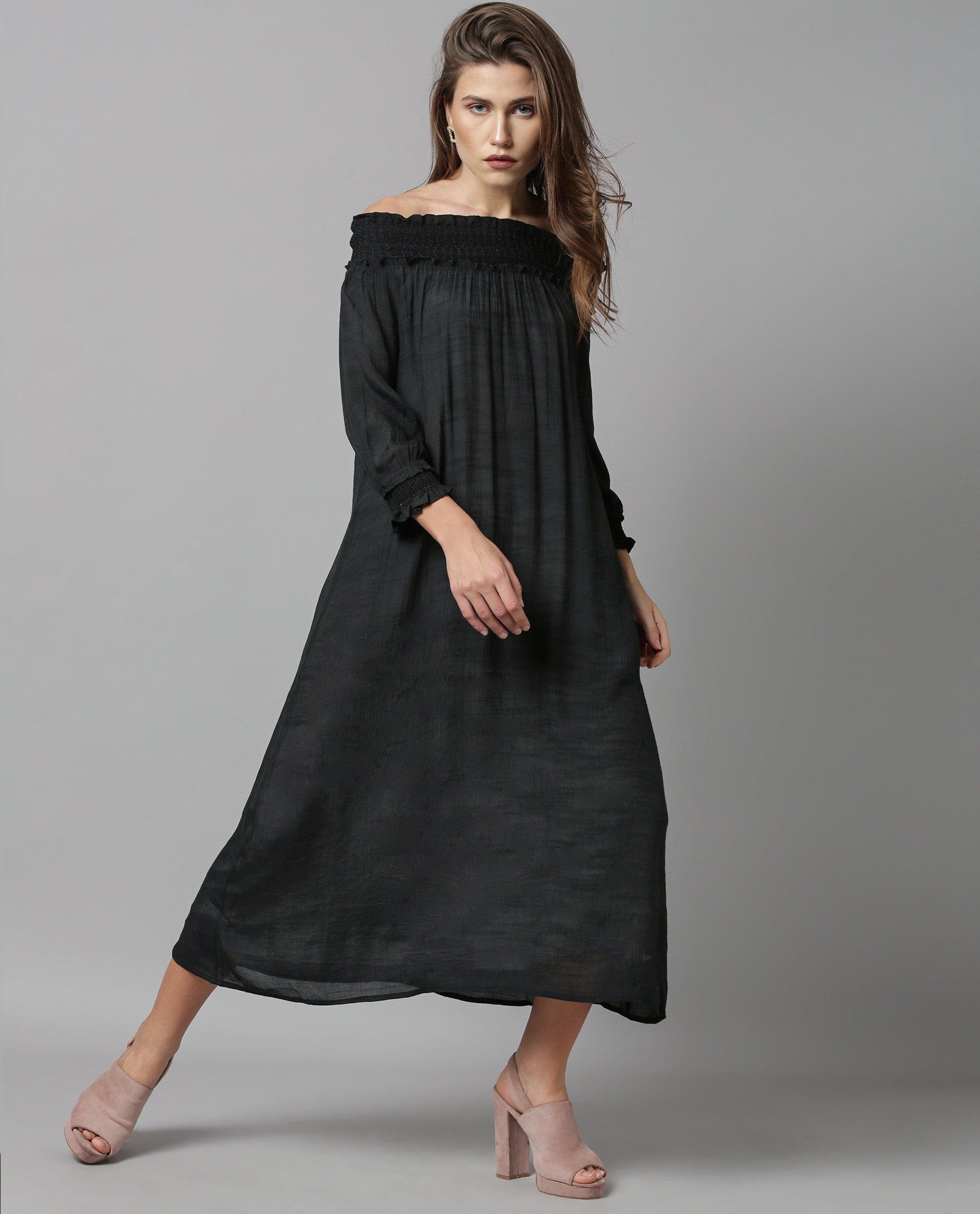 Rareism Women Amber Black Dress Short Sleeves