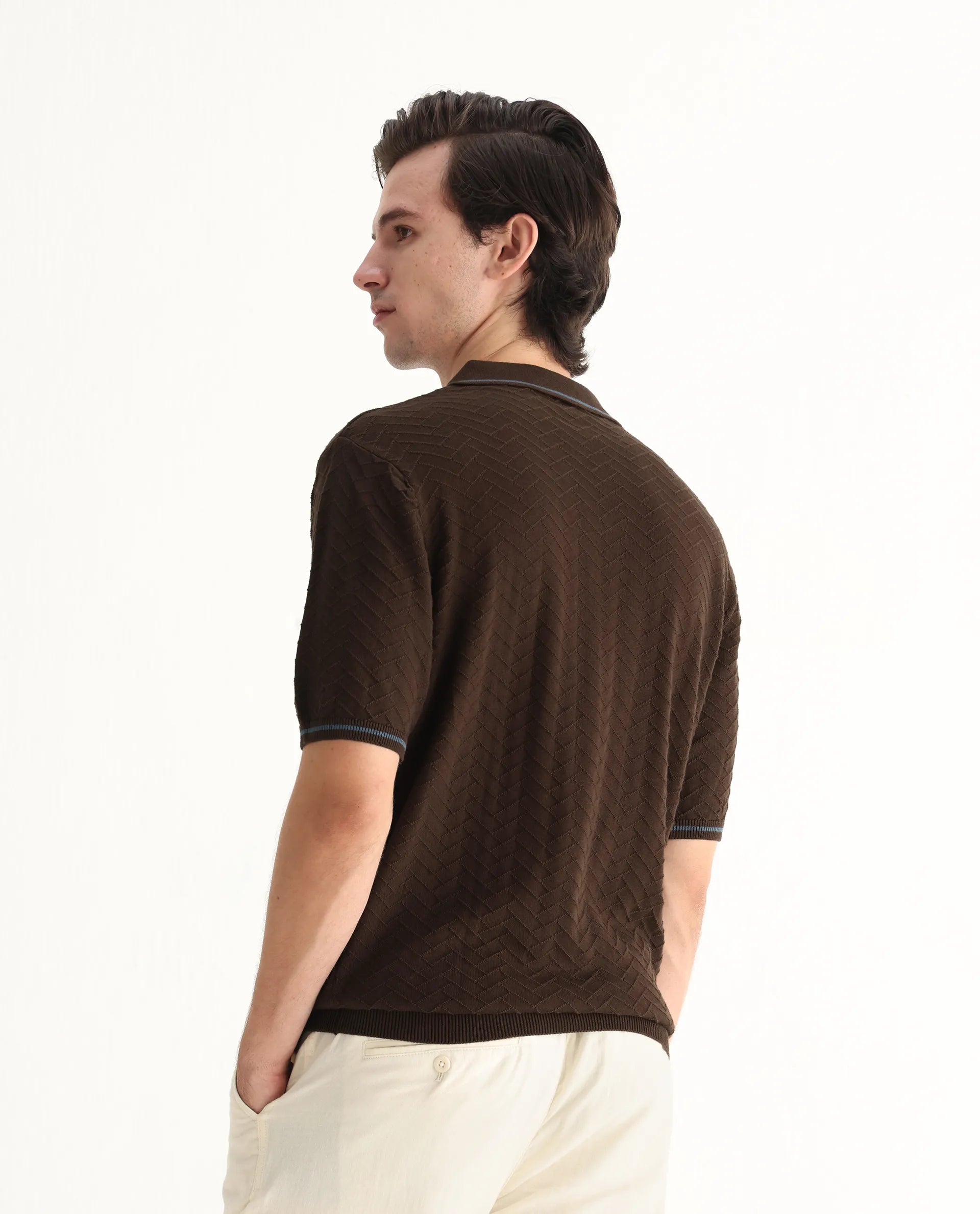 Rare Rabbit Men's Amet Dark Brown Cotton Textured Regular Fit Half Sleeve Polo