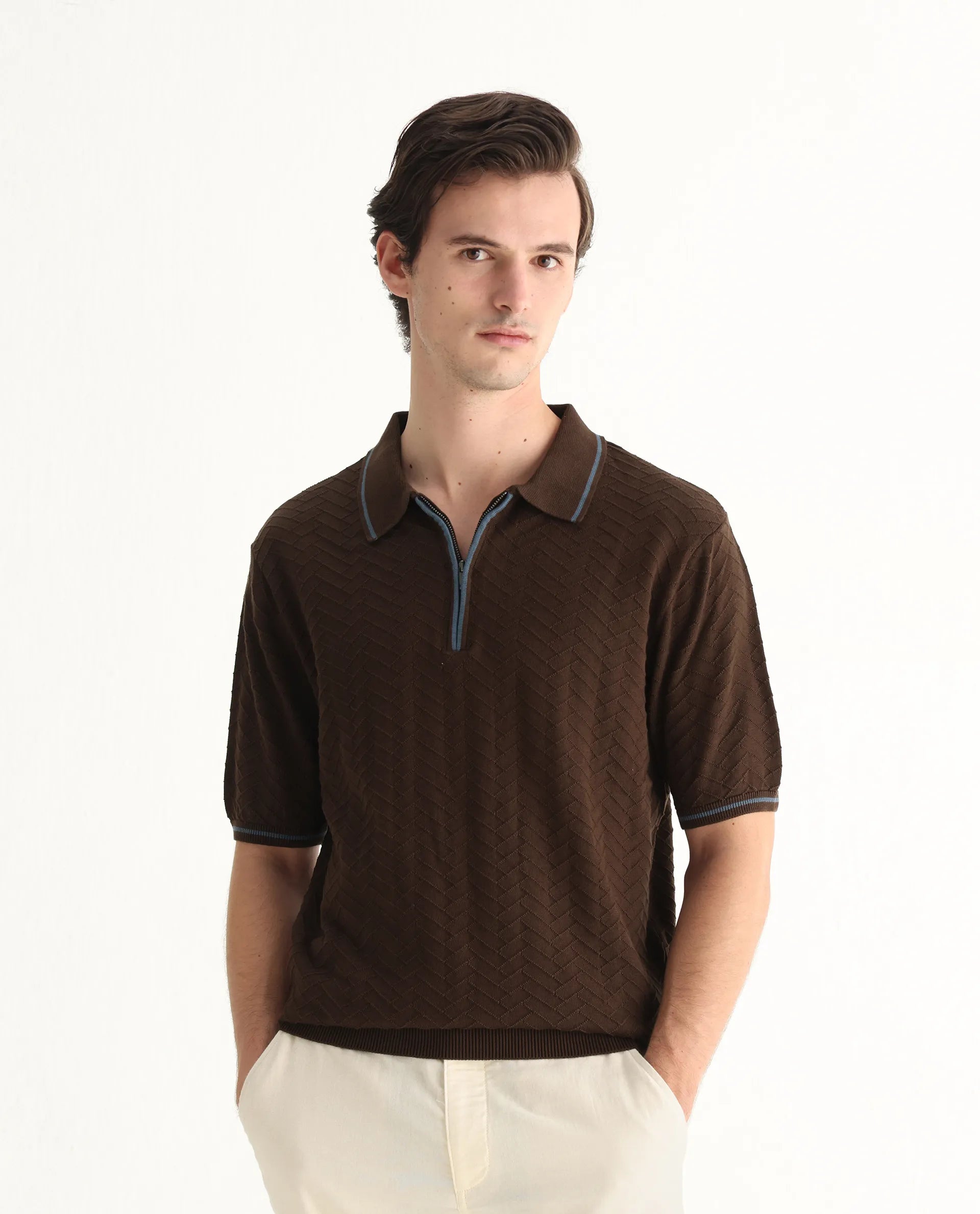 Rare Rabbit Men's Amet Dark Brown Cotton Textured Regular Fit Half Sleeve Polo