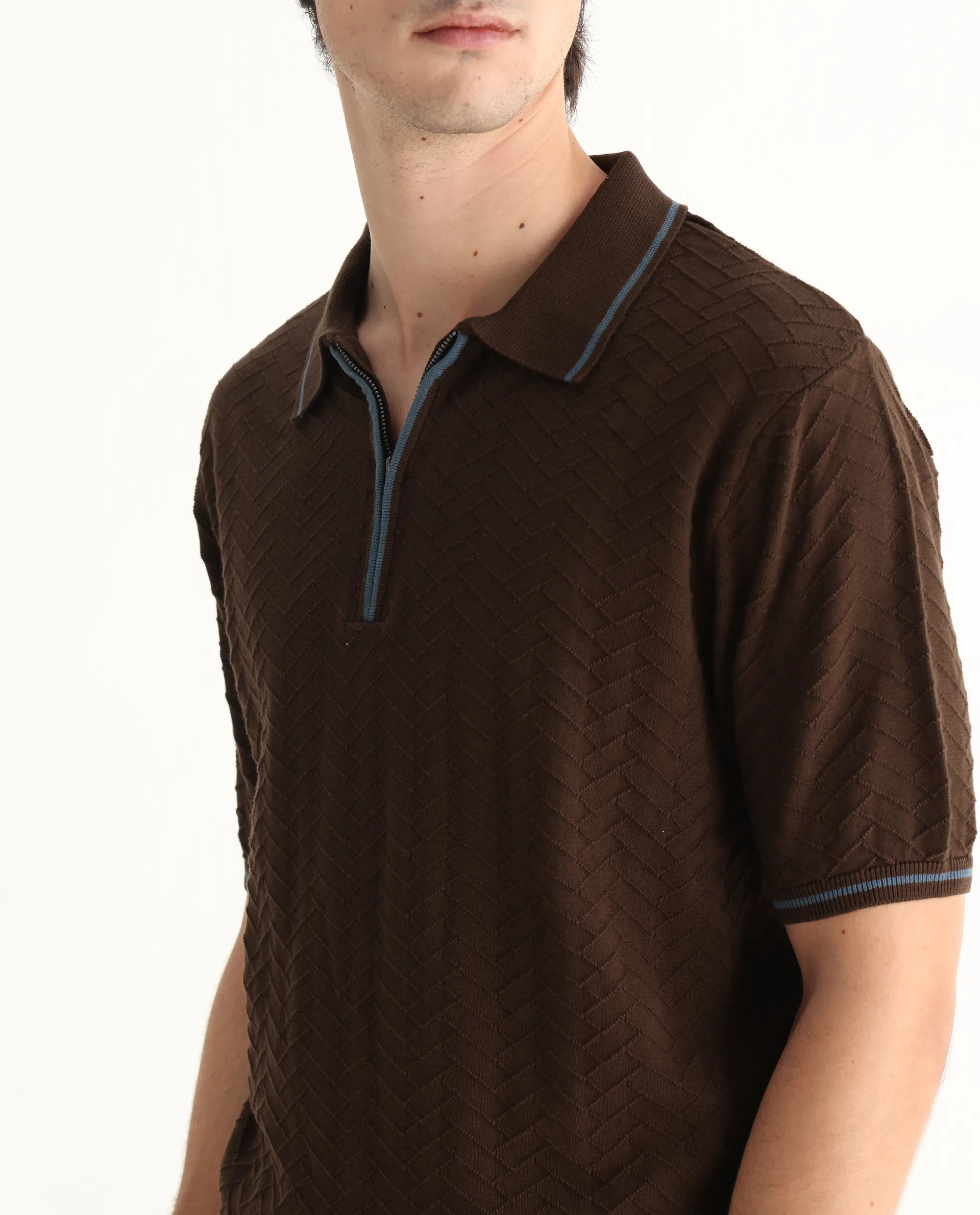 Rare Rabbit Men's Amet Dark Brown Cotton Textured Regular Fit Half Sleeve Polo