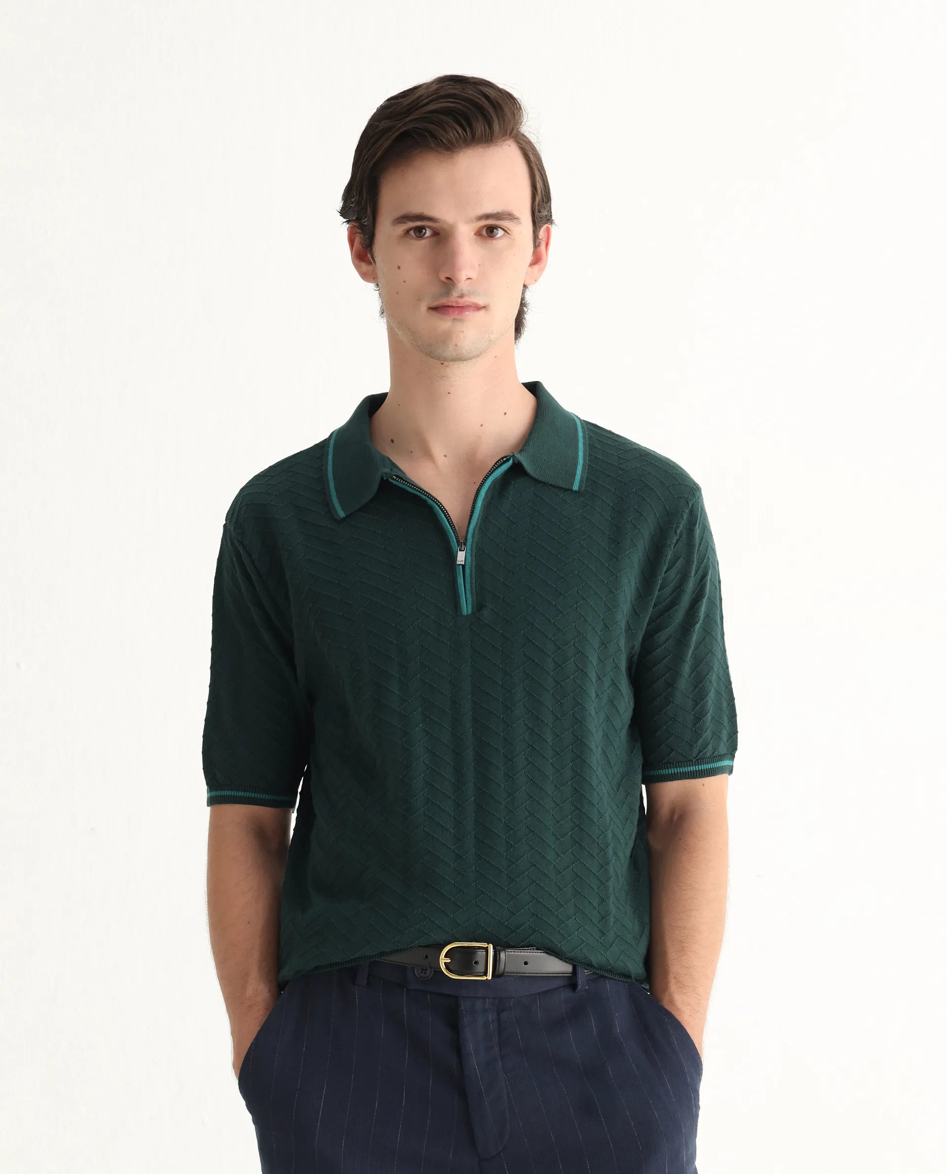 Rare Rabbit Men's Amet Dark Green Cotton Textured Regular Fit Half Sleeve Polo