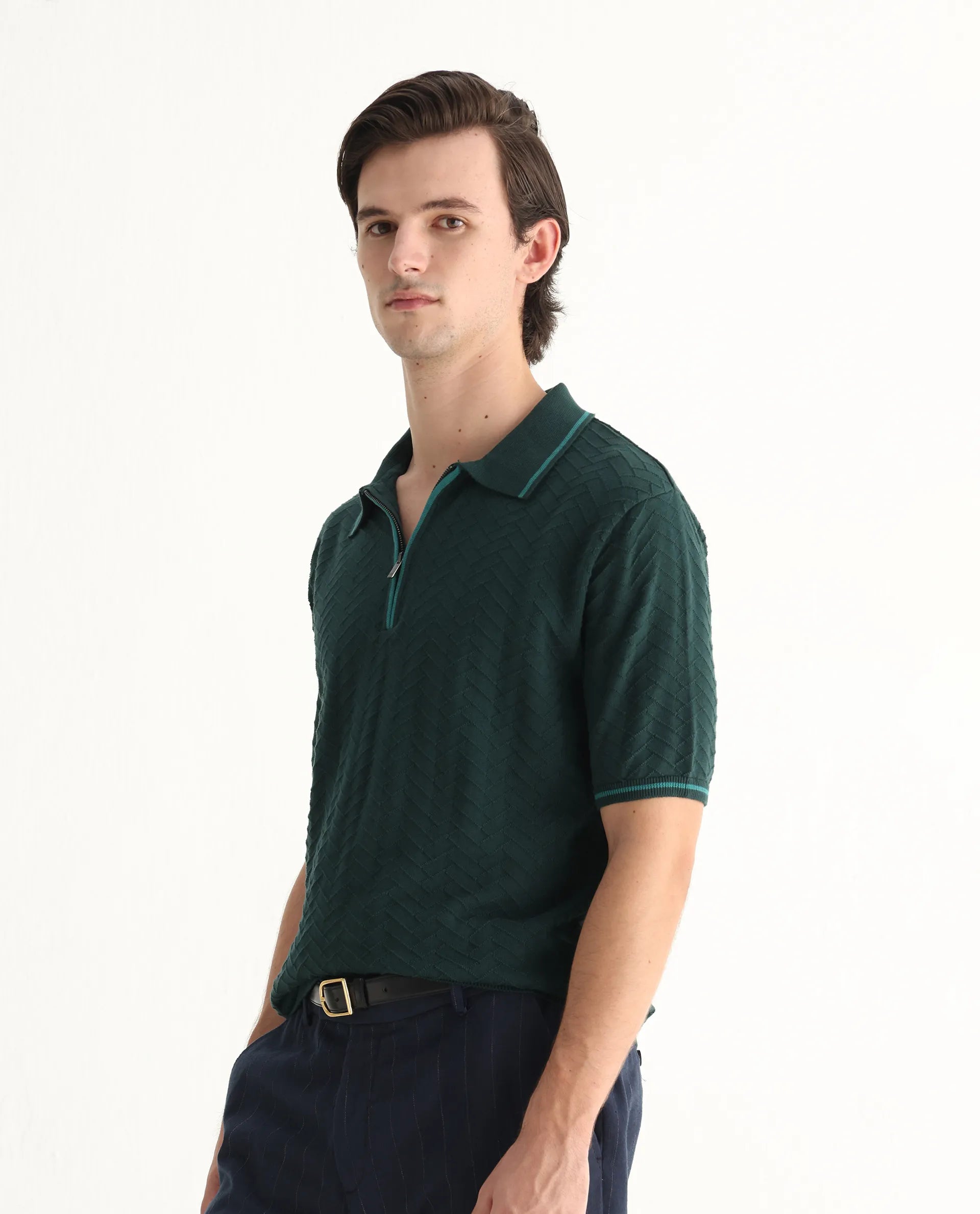 Rare Rabbit Men's Amet Dark Green Cotton Textured Regular Fit Half Sleeve Polo