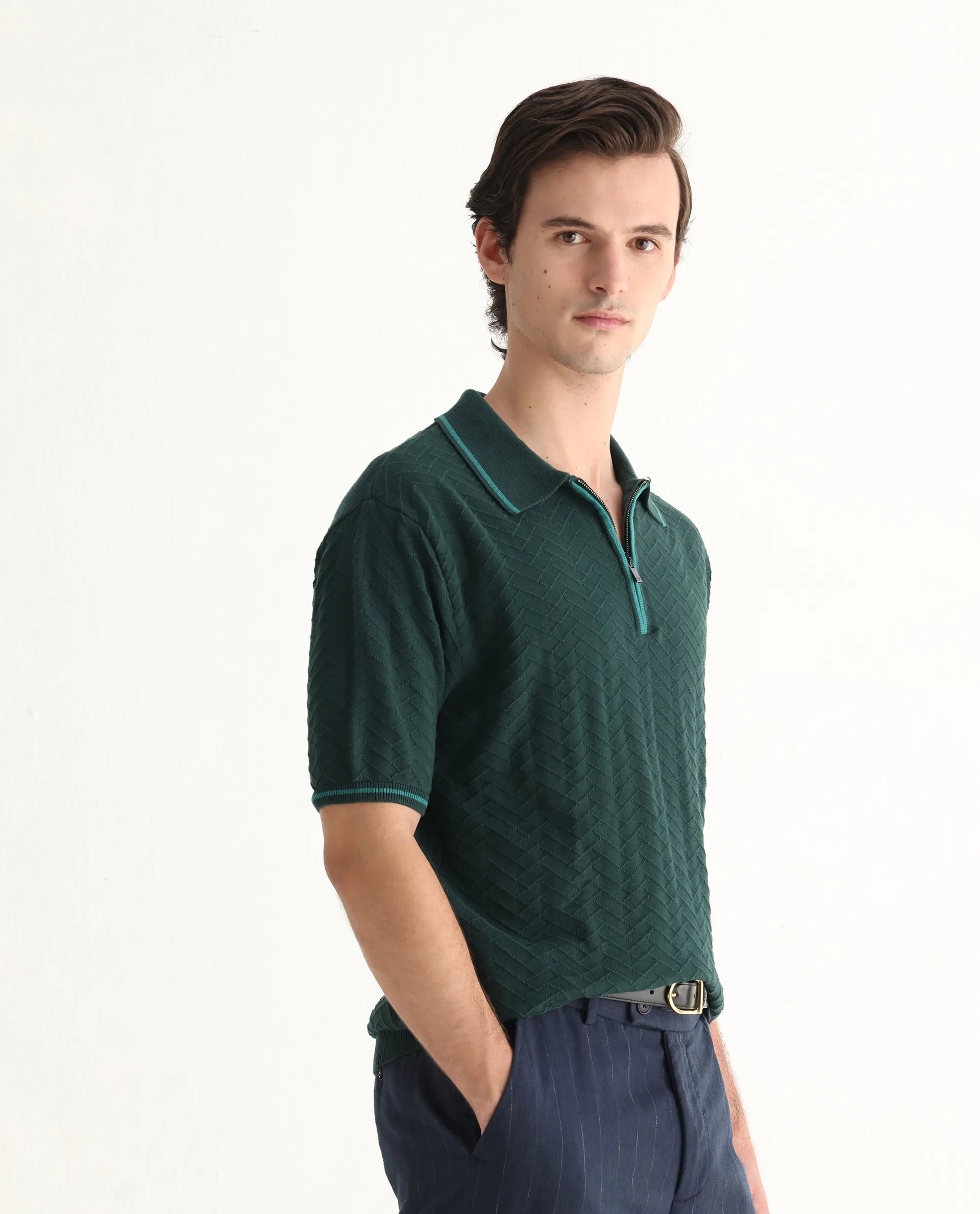 Rare Rabbit Men's Amet Dark Green Cotton Textured Regular Fit Half Sleeve Polo