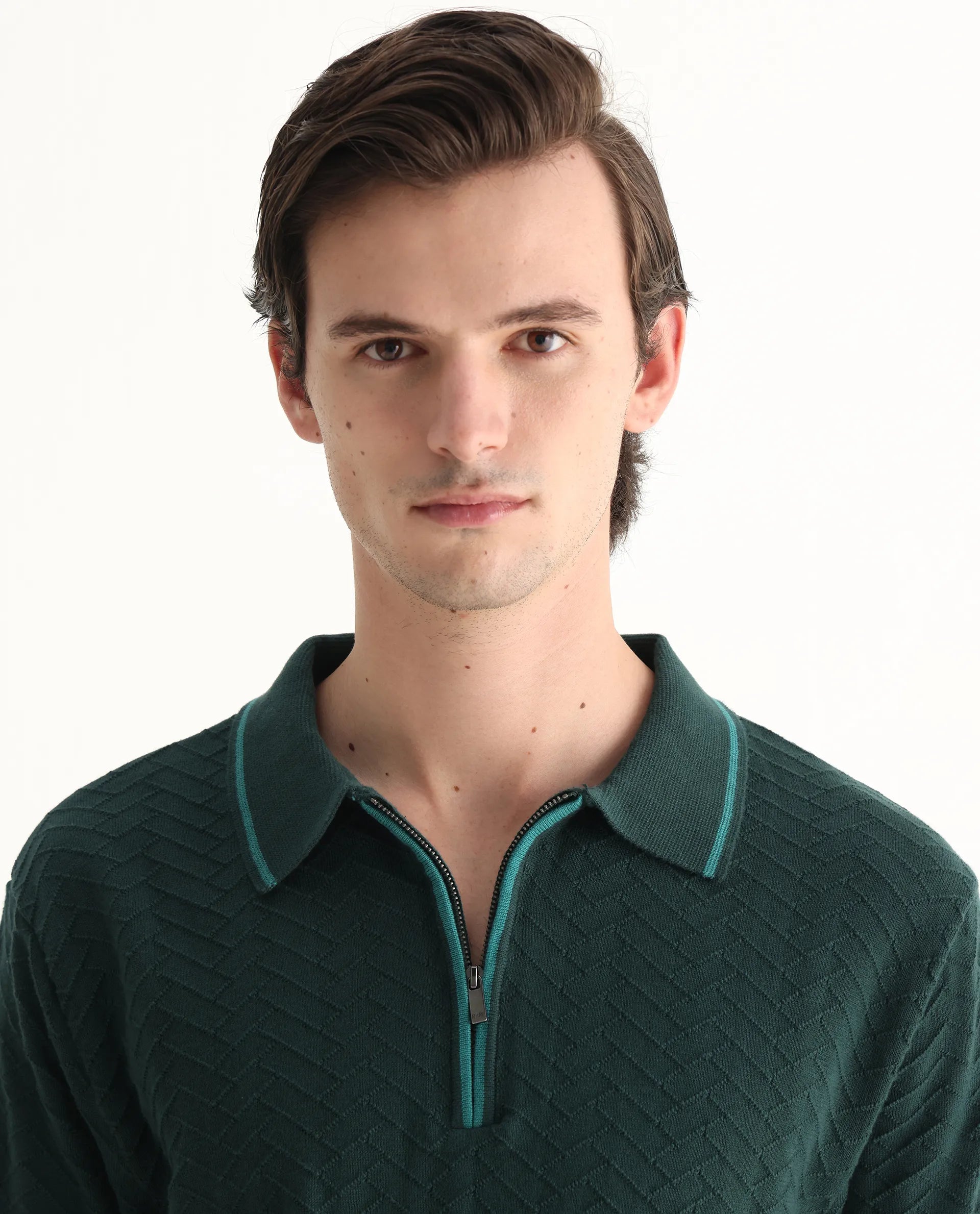 Rare Rabbit Men's Amet Dark Green Cotton Textured Regular Fit Half Sleeve Polo