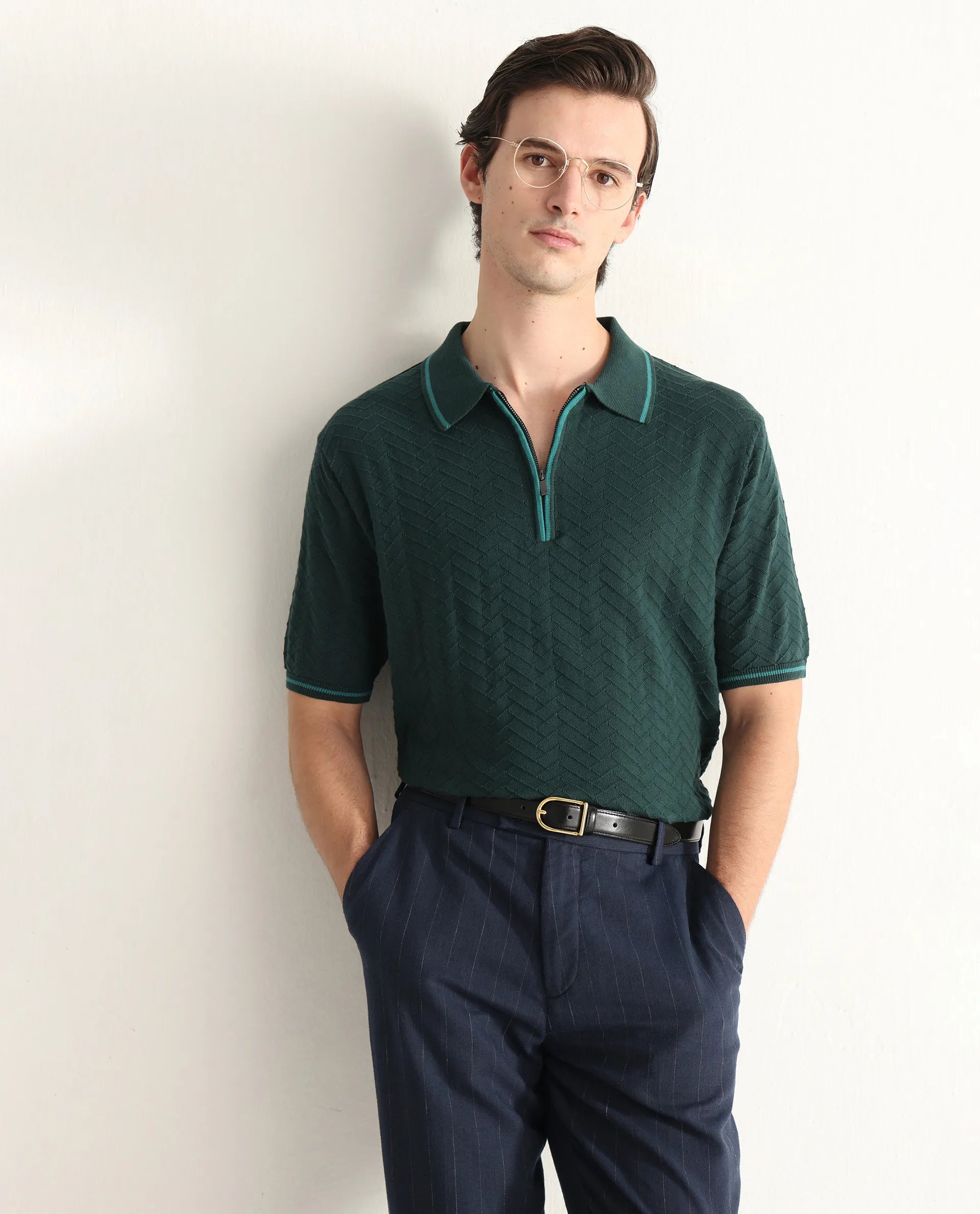 Rare Rabbit Men's Amet Dark Green Cotton Textured Regular Fit Half Sleeve Polo