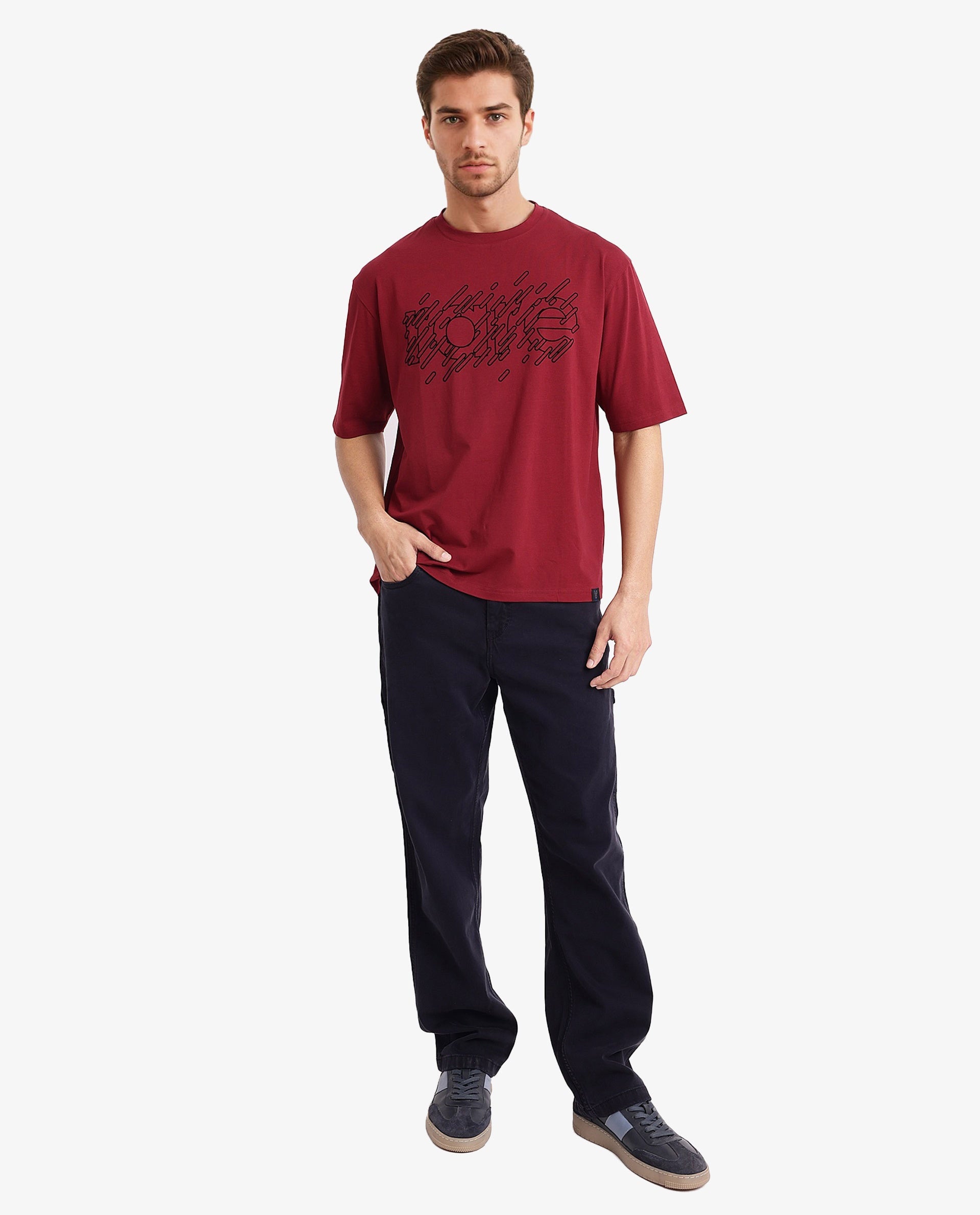 Rare Rabbit Men Ammon Red Cotton Lycra Fabric Short Sleeve Crew Neck Oversized Fit Graphic Print T-Shirt