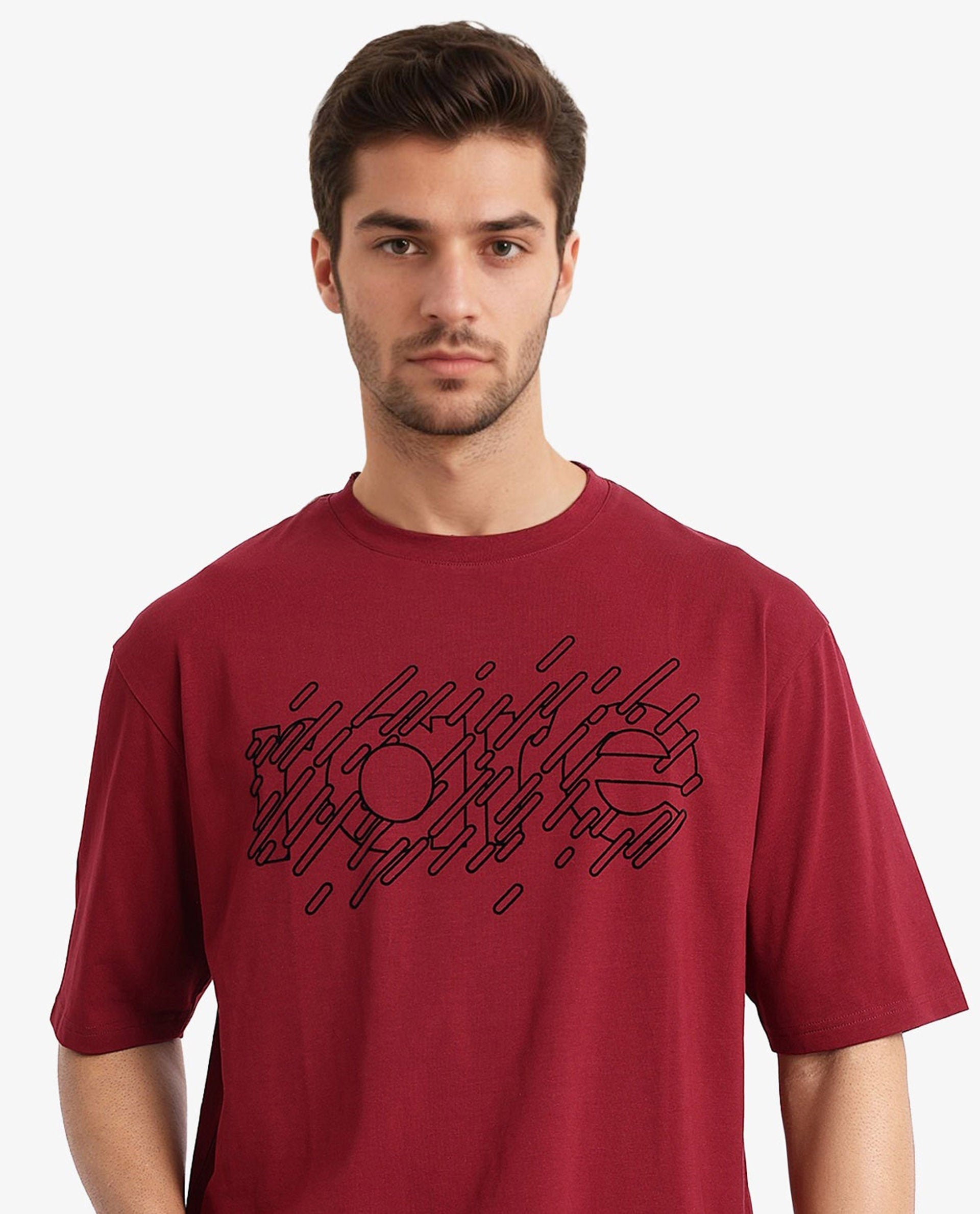 Rare Rabbit Men Ammon Red Cotton Lycra Fabric Short Sleeve Crew Neck Oversized Fit Graphic Print T-Shirt