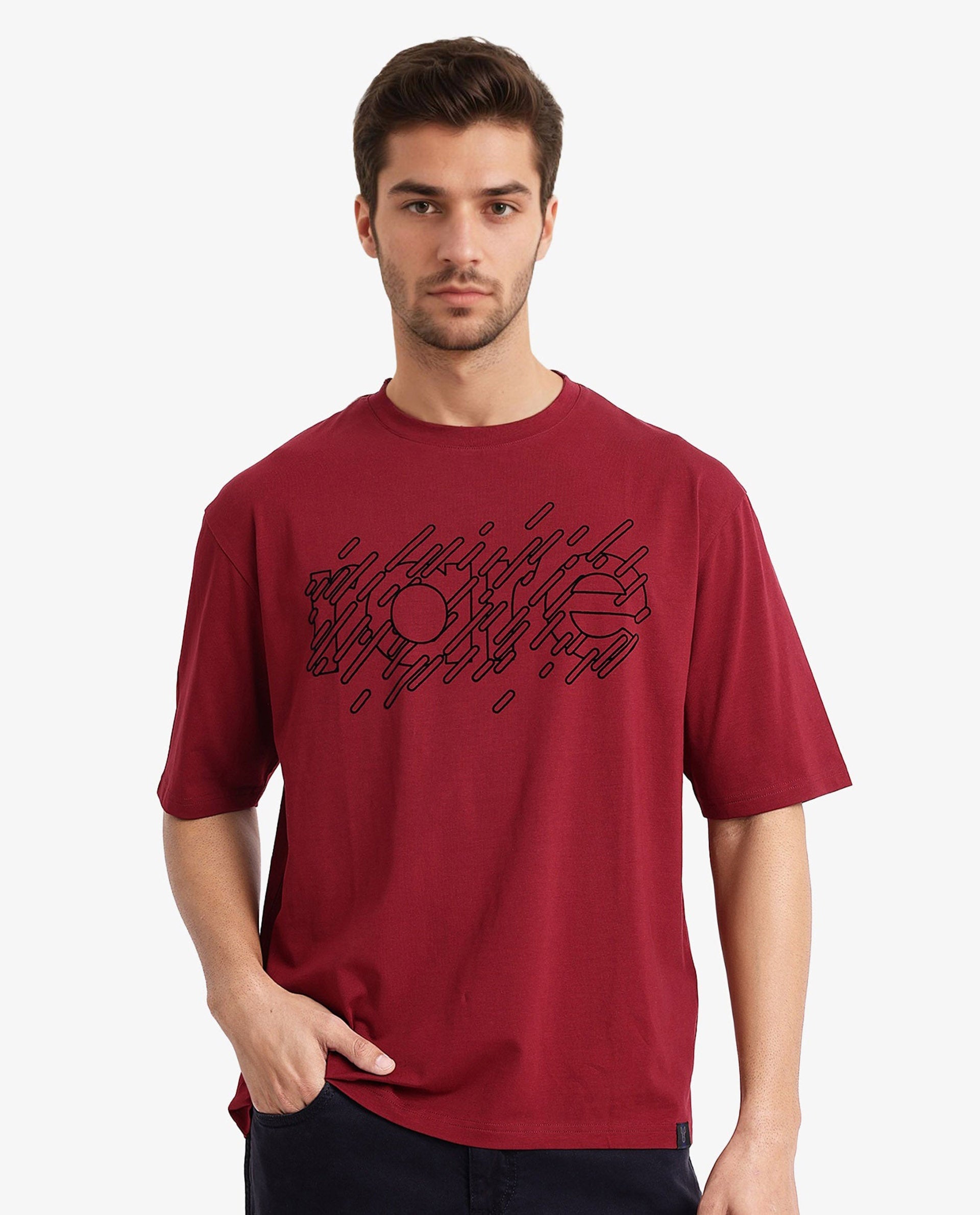 Rare Rabbit Men Ammon Red Cotton Lycra Fabric Short Sleeve Crew Neck Oversized Fit Graphic Print T-Shirt