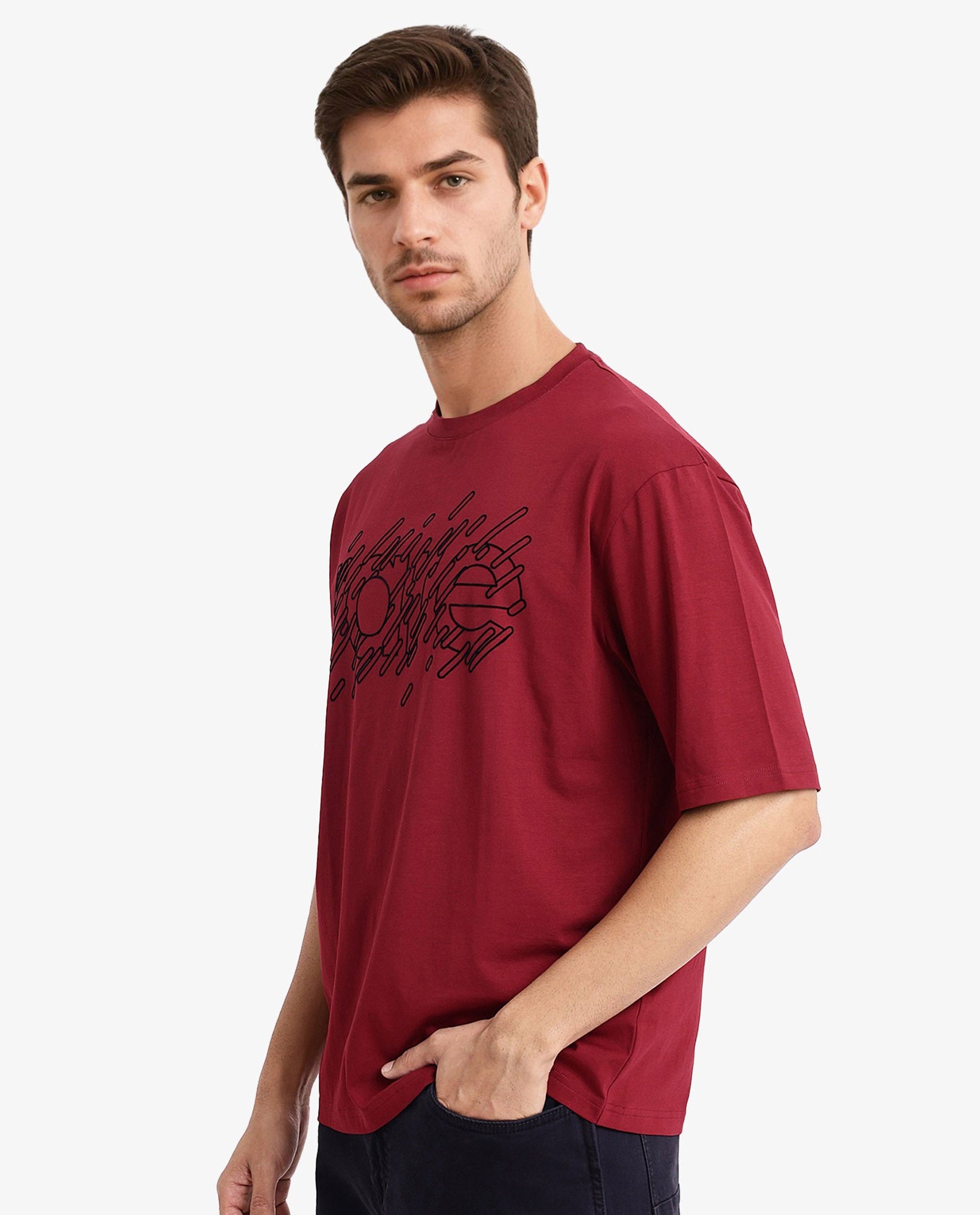 Rare Rabbit Men Ammon Red Cotton Lycra Fabric Short Sleeve Crew Neck Oversized Fit Graphic Print T-Shirt