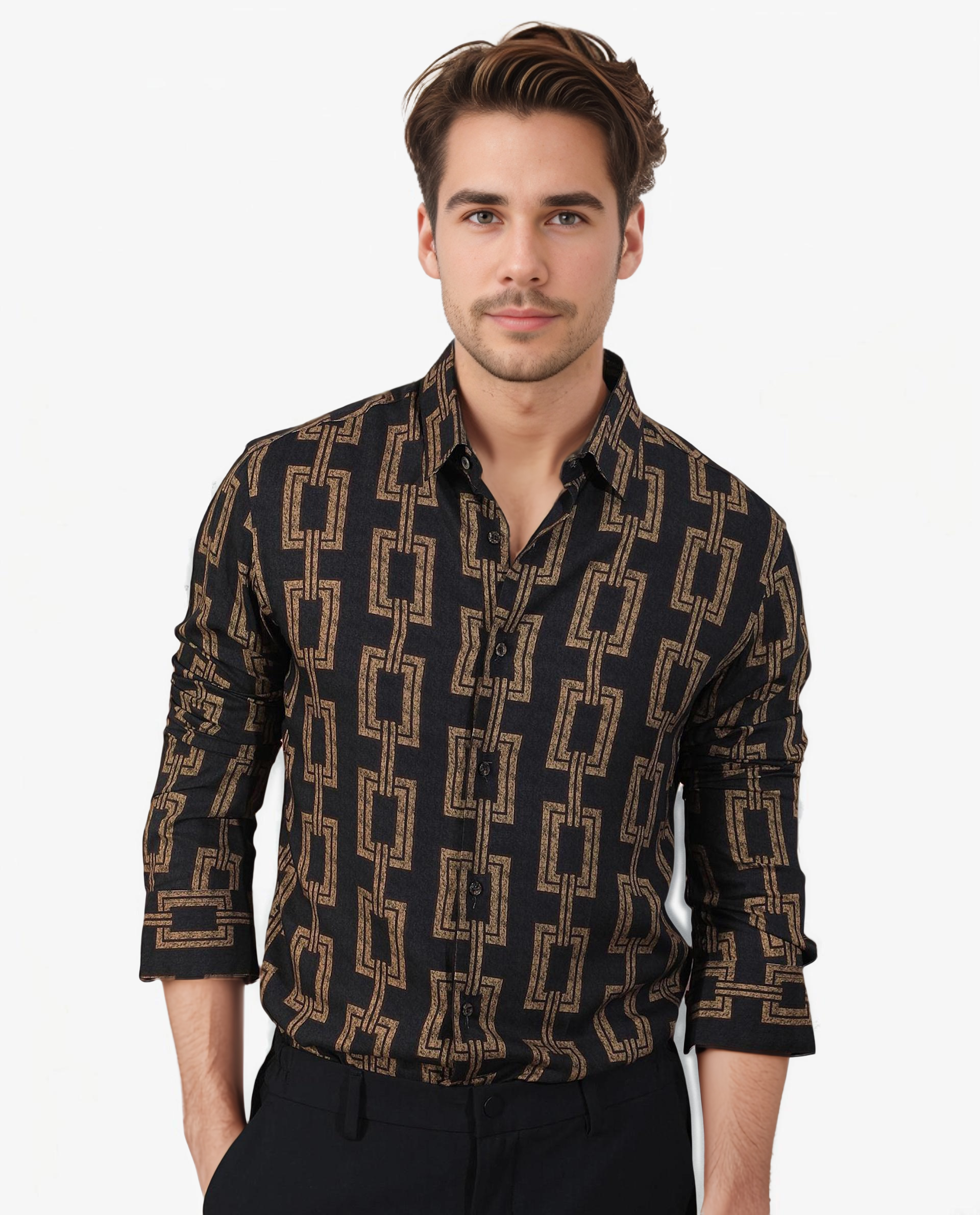 Rare Rabbit Men's Amster Grey Viscose Fabric Full Sleeves Regular Fit Geometric Print Shirt