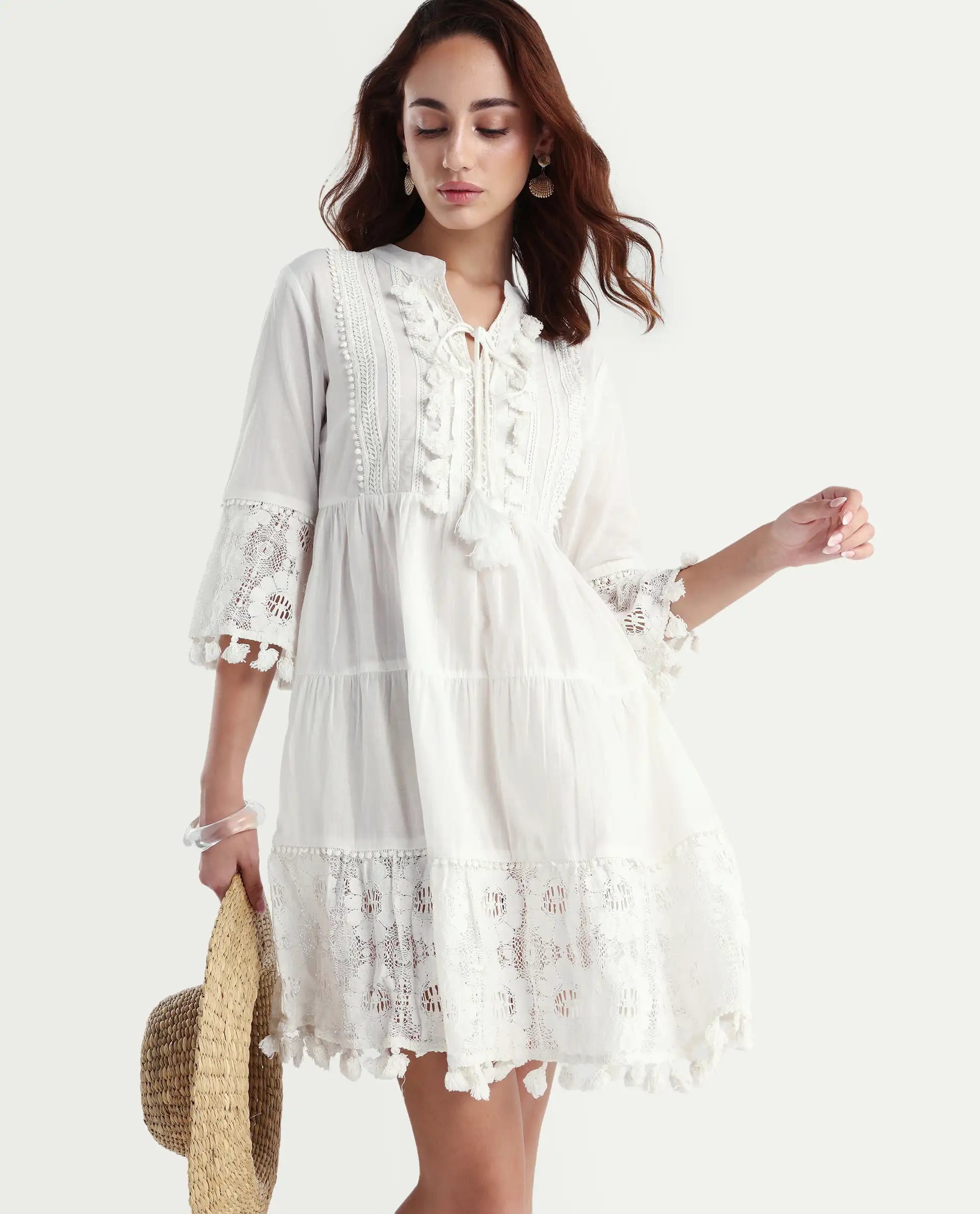 Rareism Women's Andarin White Cotton Tie-Up Neck Plain Bell Sleeve Knee Length Regular Fit Dress