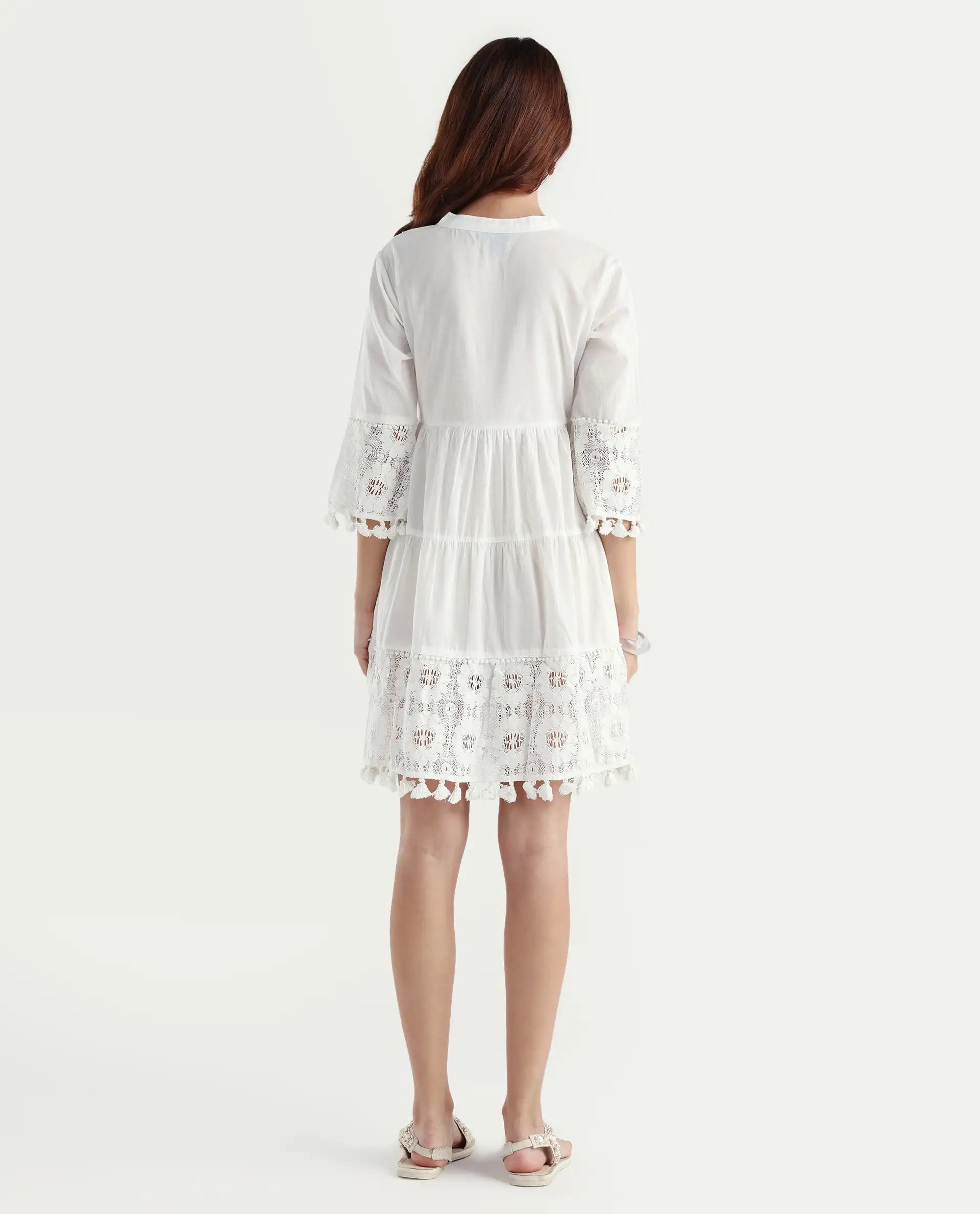 Rareism Women's Andarin White Cotton Tie-Up Neck Plain Bell Sleeve Knee Length Regular Fit Dress