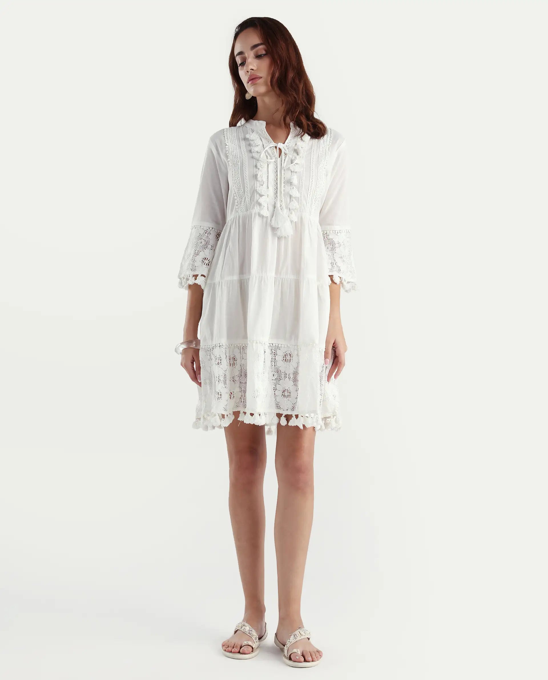 Rareism Women's Andarin White Cotton Tie-Up Neck Plain Bell Sleeve Knee Length Regular Fit Dress