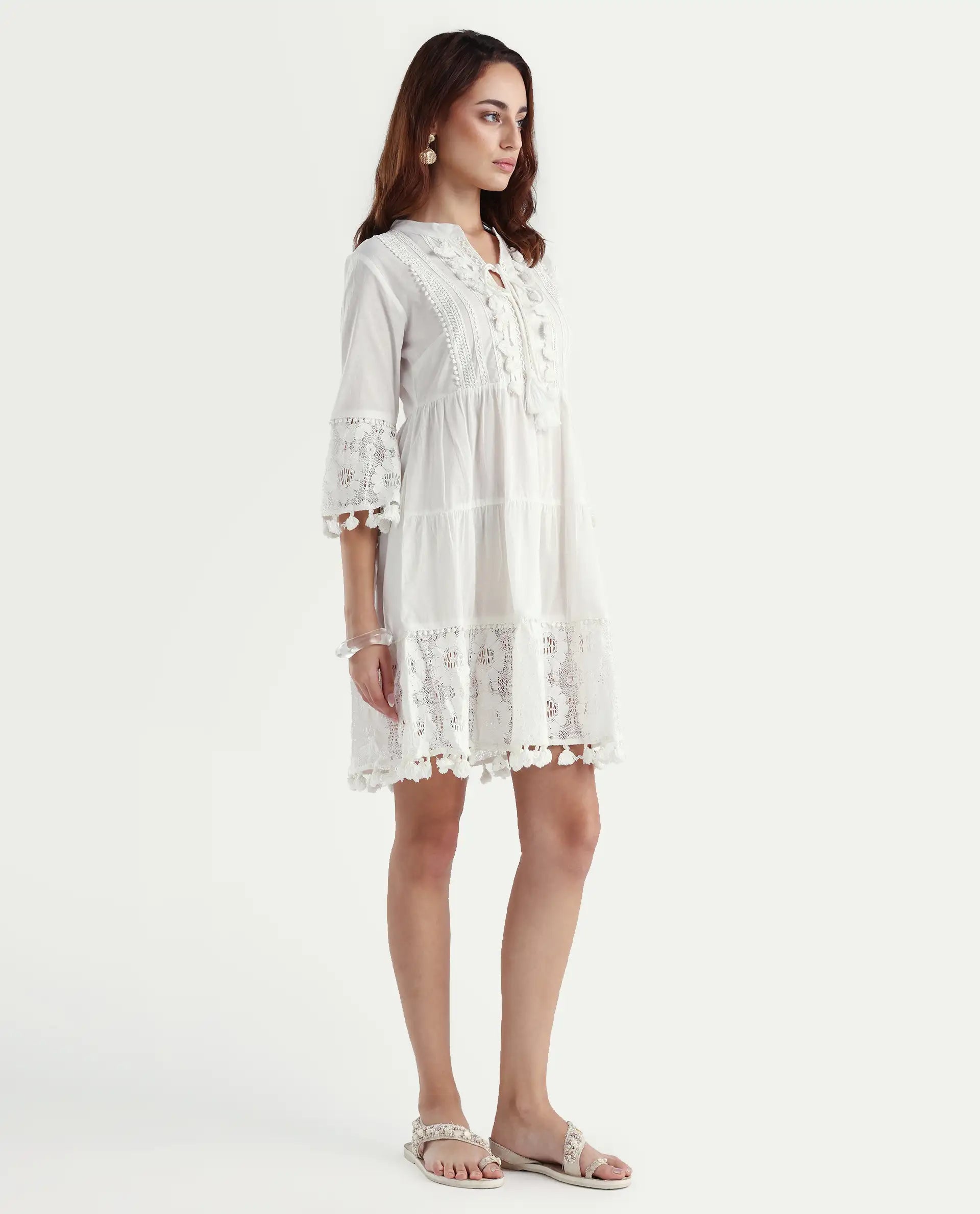 Rareism Women's Andarin White Cotton Tie-Up Neck Plain Bell Sleeve Knee Length Regular Fit Dress