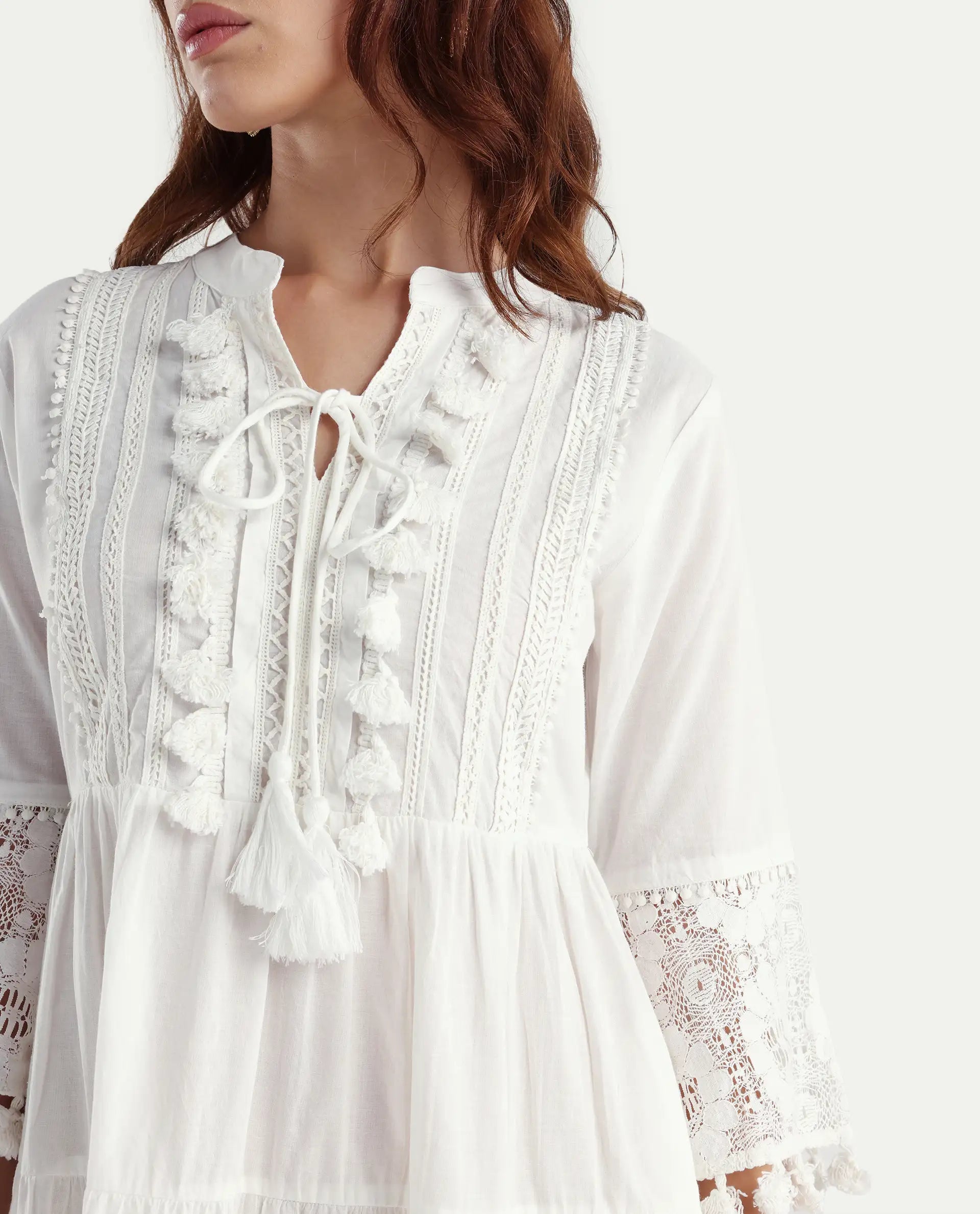 Rareism Women's Andarin White Cotton Tie-Up Neck Plain Bell Sleeve Knee Length Regular Fit Dress