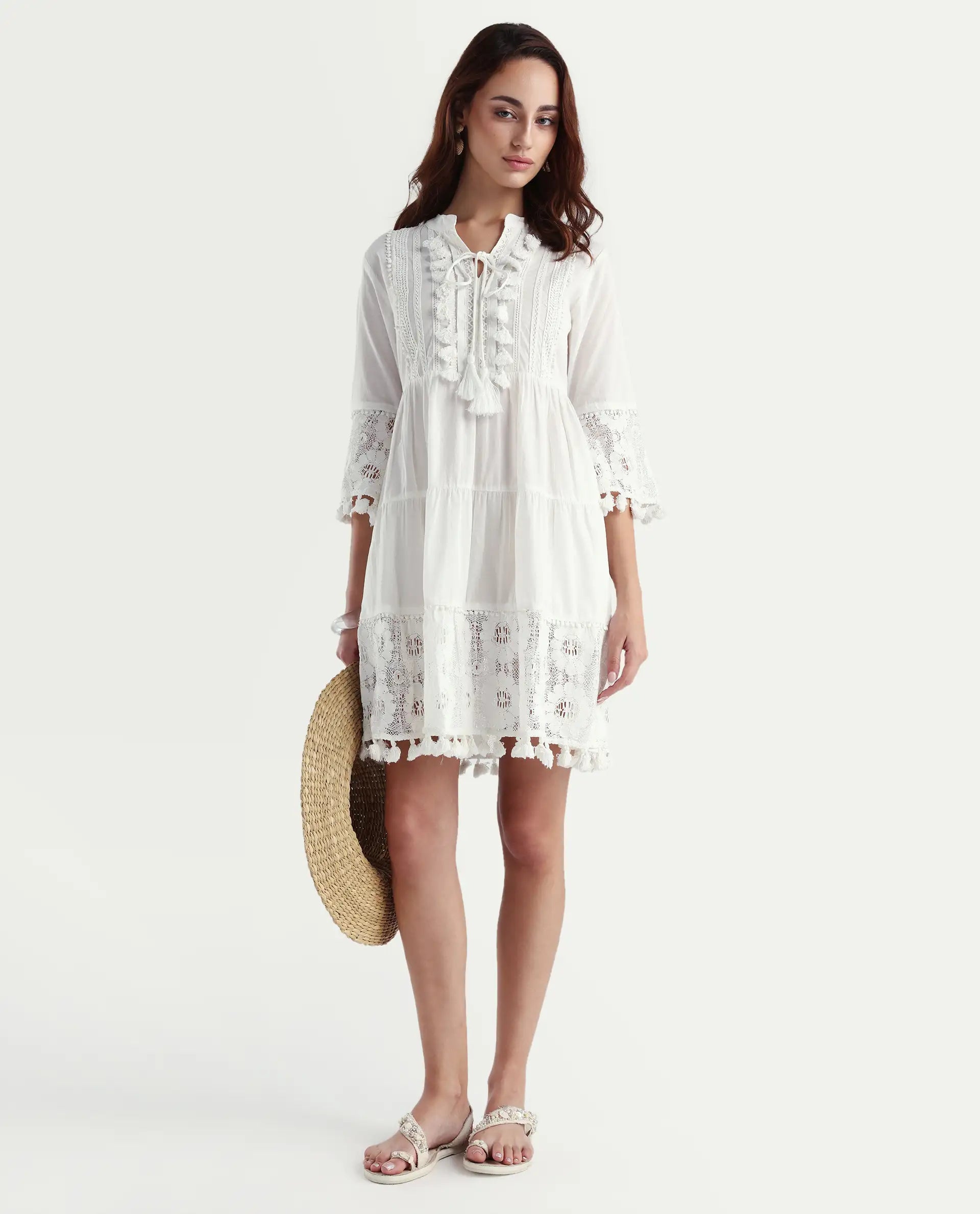 Rareism Women's Andarin White Cotton Tie-Up Neck Plain Bell Sleeve Knee Length Regular Fit Dress