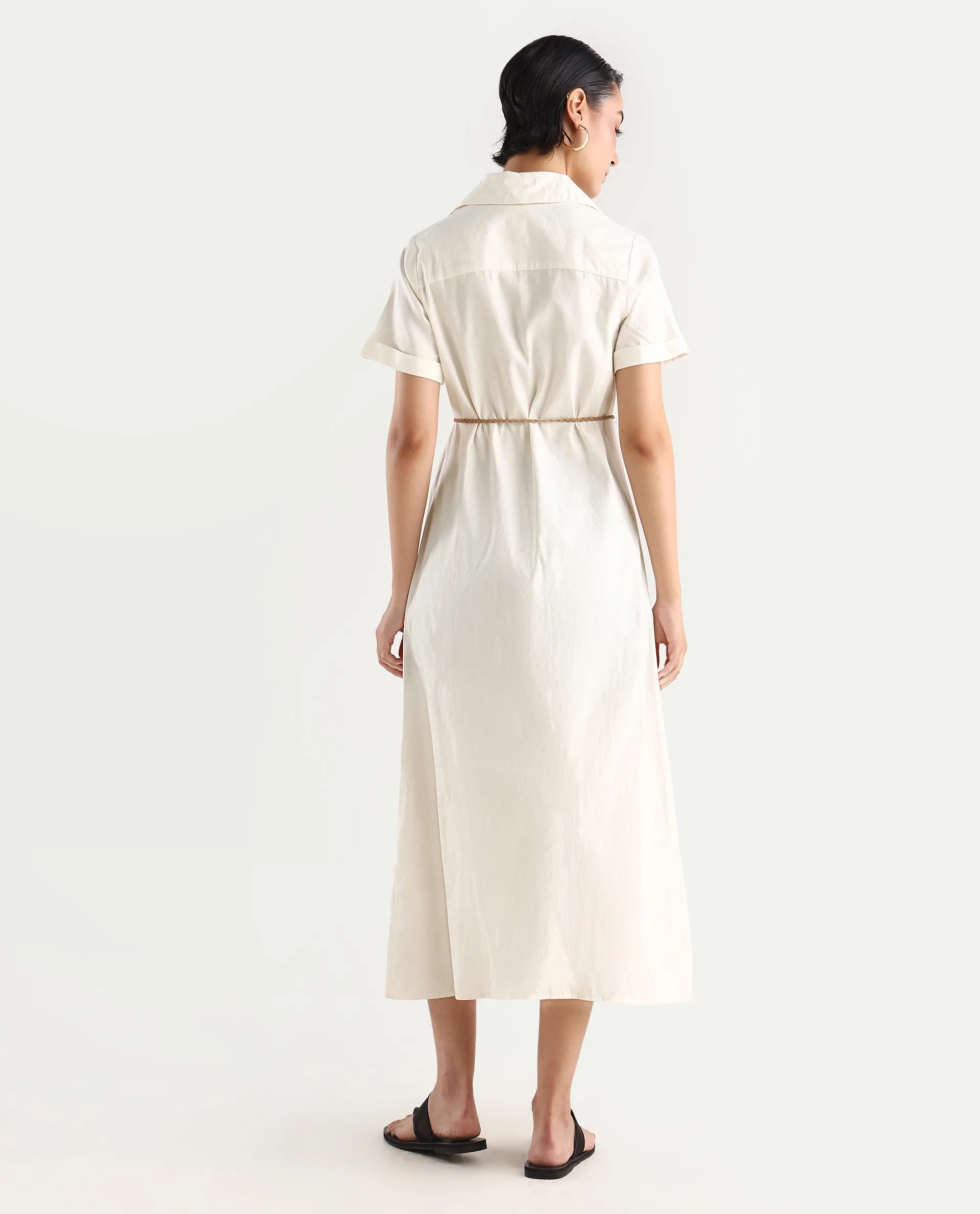 Rareism Women's Ania White Cotton Drop Collar Plain Maxi A-Line Dress