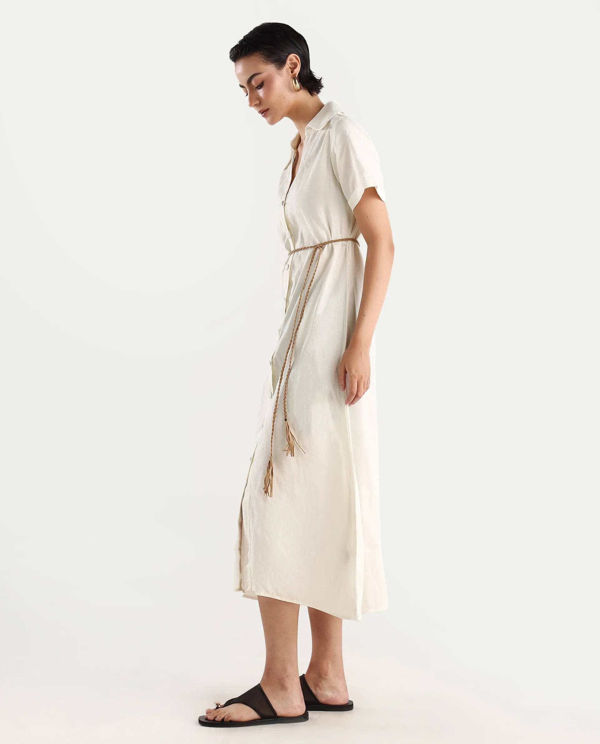 Rareism Women's Ania White Cotton Drop Collar Plain Maxi A-Line Dress