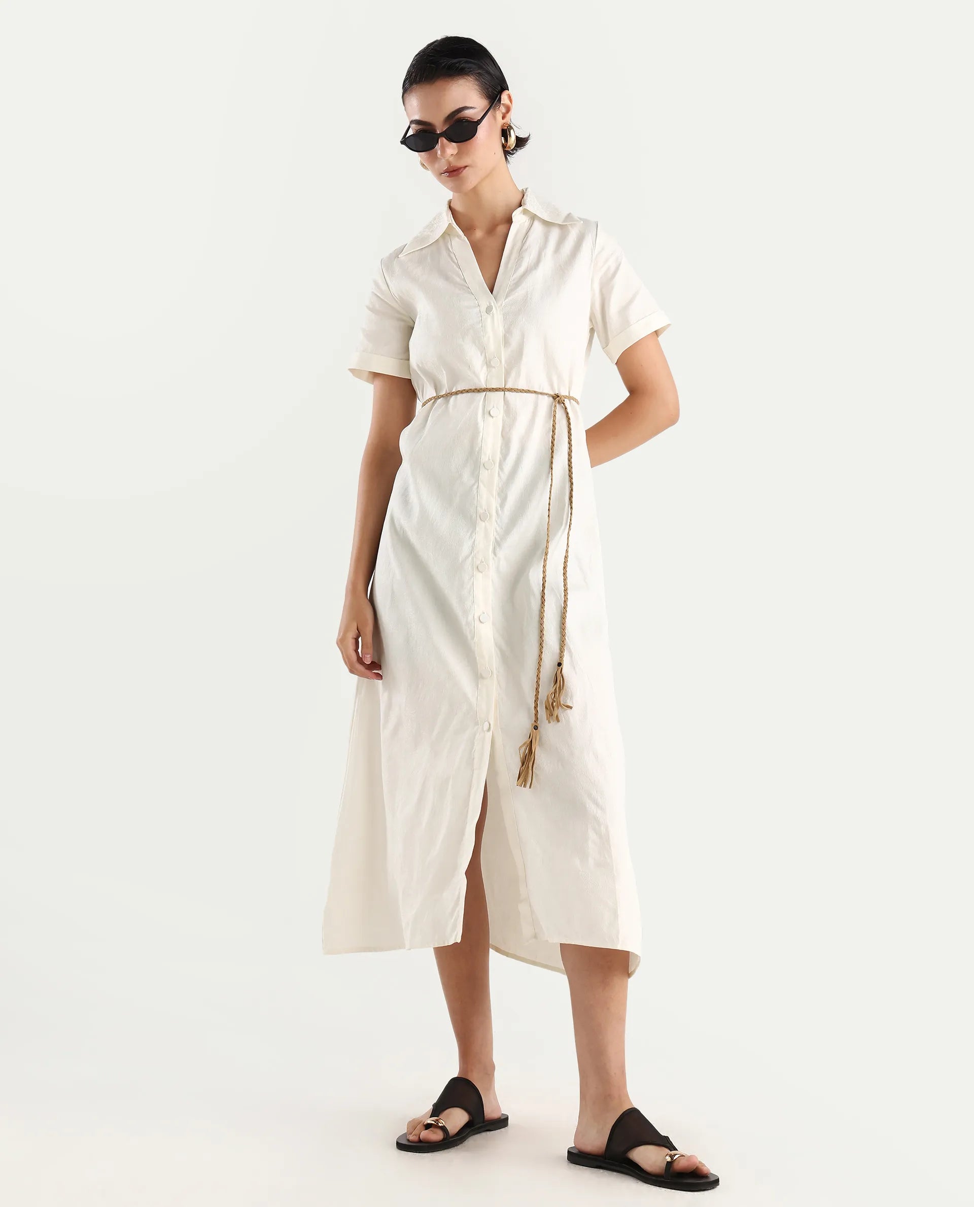 Rareism Women's Ania White Cotton Drop Collar Plain Maxi A-Line Dress