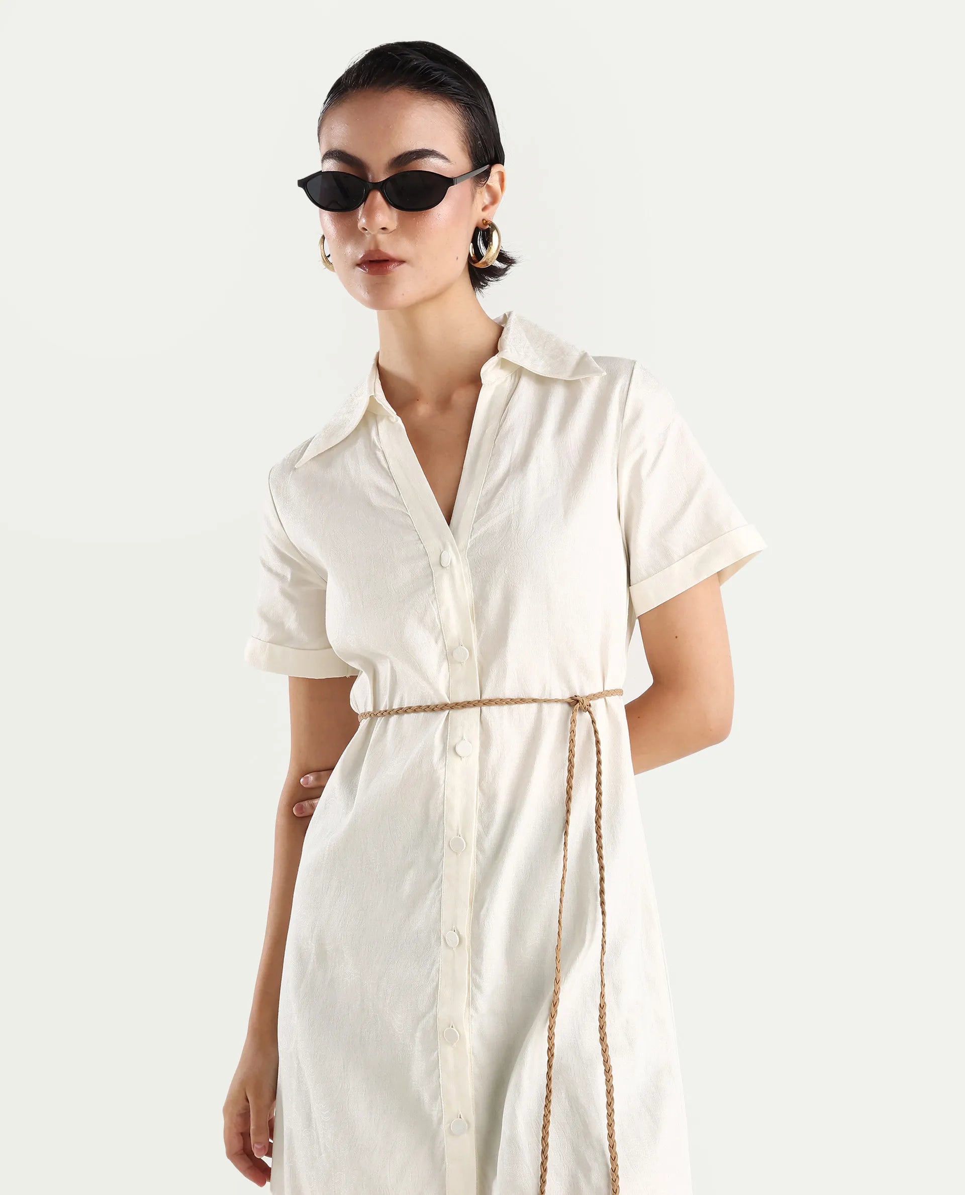 Rareism Women's Ania White Cotton Drop Collar Plain Maxi A-Line Dress