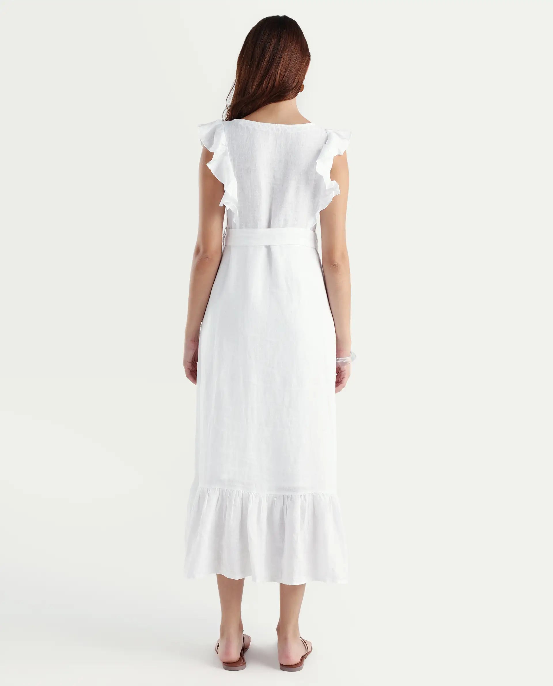 Rareism Women's Anne White Linen Boat Neck Plain Ruffled Sleeve Maxi Regular Fit Dress